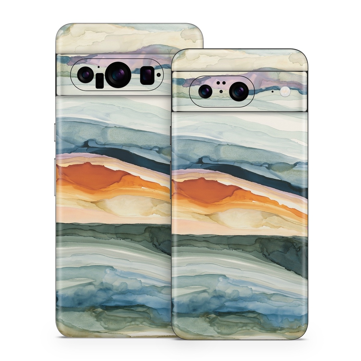 Google Pixel 8 Series Skin design of Watercolor paint, Painting, Sky, Wave, Geology, Landscape, Pattern, Acrylic paint, Cloud, Paint, with blue, purple, orange, yellow, red, green, brown colors