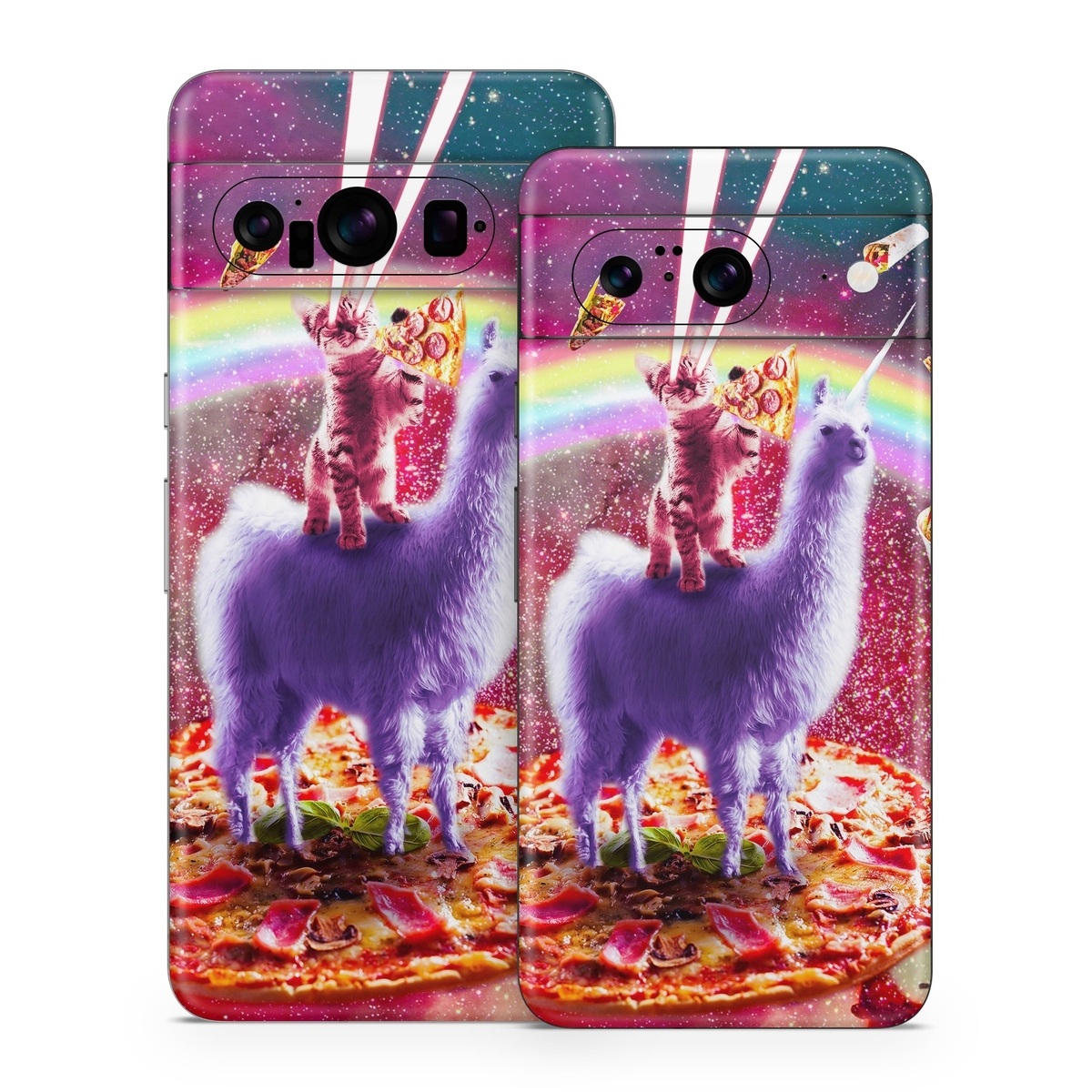 Google Pixel 8 Series Skin design of Llama, Unicorn, Fictional character, Illustration, Graphic design, Livestock, Camelid, Mythical creature, Graphics, Art, with red, white, yellow, gray, purple, blue, green colors
