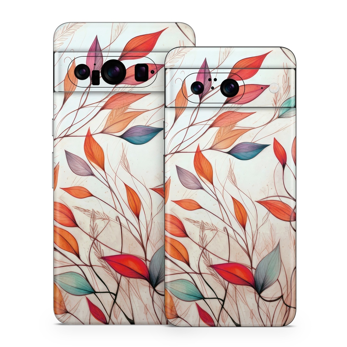 Google Pixel 8 Series Skin design of Plant, Vertebrate, Art paint, Nature, Botany, Leaf, Branch, Twig, Textile, Orange, with yellow, orange, red, white, brown, blue colors