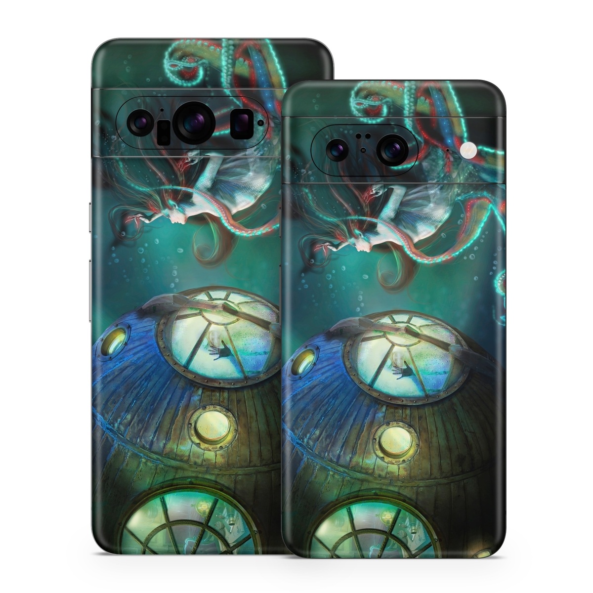Google Pixel 8 Series Skin design of Cg artwork, Illustration, Art, Fictional character, Fiction, Space, Fractal art, Graphic design, Mythology, Graphics, with black, gray, blue, green colors