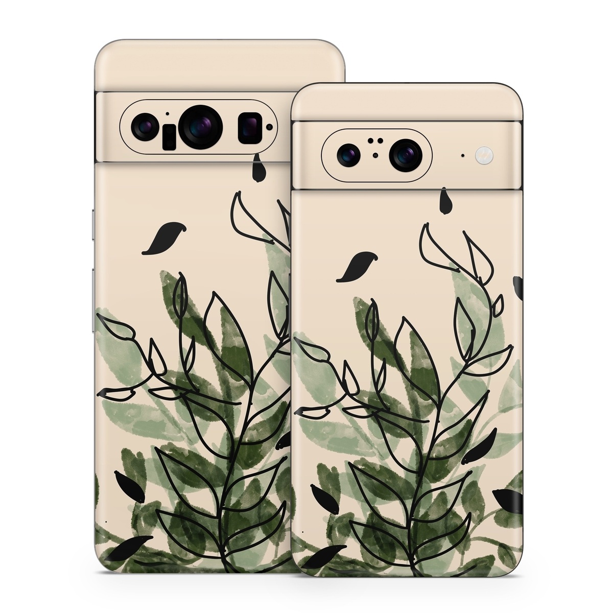 Google Pixel 8 Series Skin design of Leaf, Plant, Botany, Branch, Flower, Plant Stem, Pedicel, Twig, Illustration, with green, black, brown colors