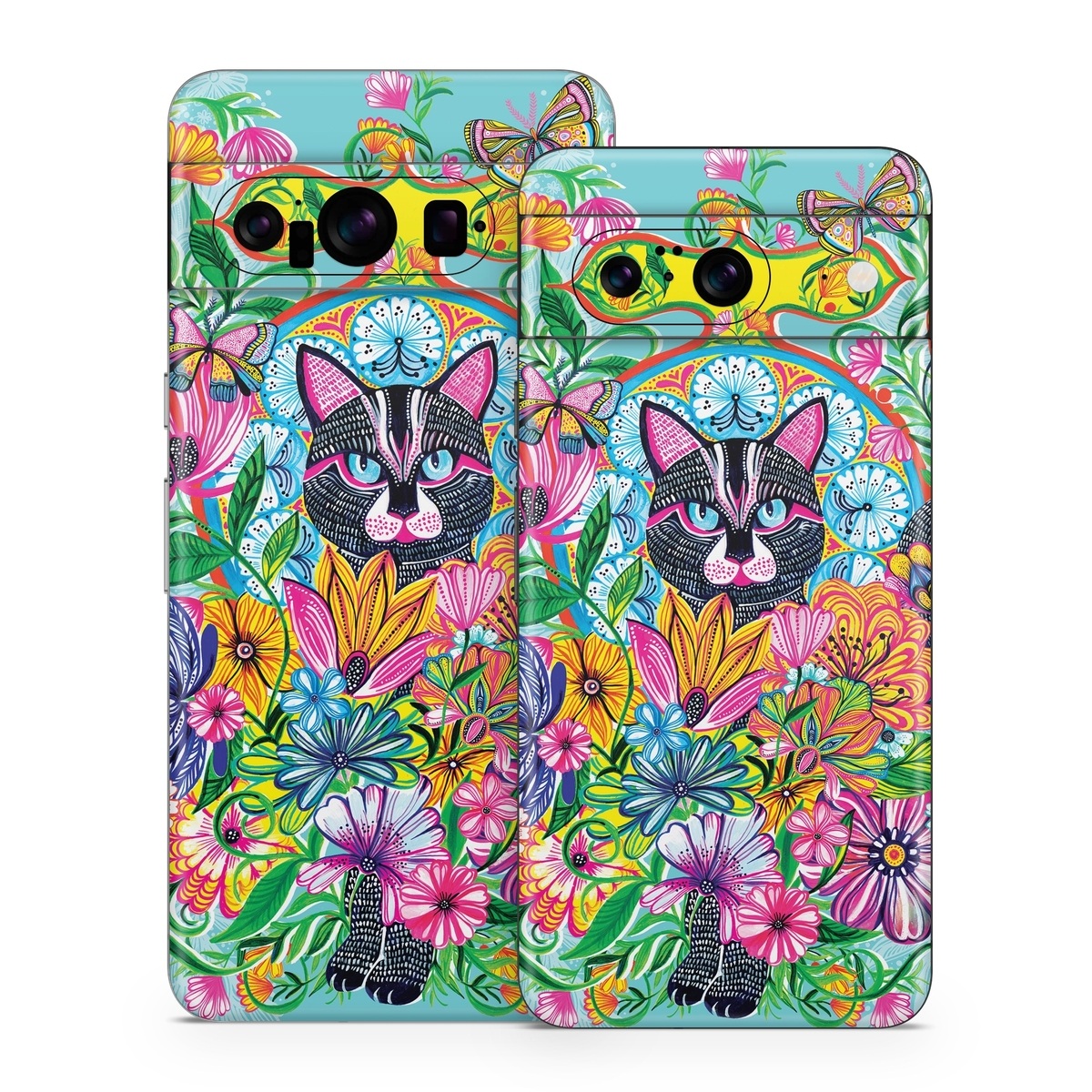 Google Pixel 8 Series Skin design of Visual arts, Art, Plant, Illustration, Pattern, Floral design, Flower, Wildflower, with white, blue, pink, black, green, yellow colors