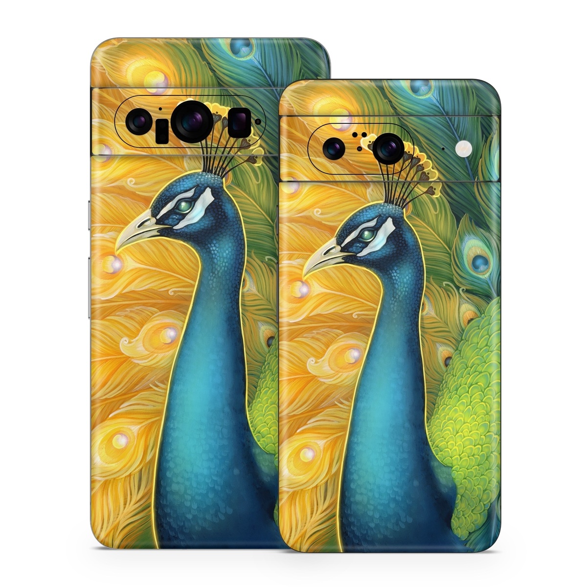 Google Pixel 8 Series Skin design of Bird, Peafowl, Phasianidae, Beak, Organism, Art paint, Galliformes, Art, Feather, Painting, with yellow, orange, green, blue, white, black colors