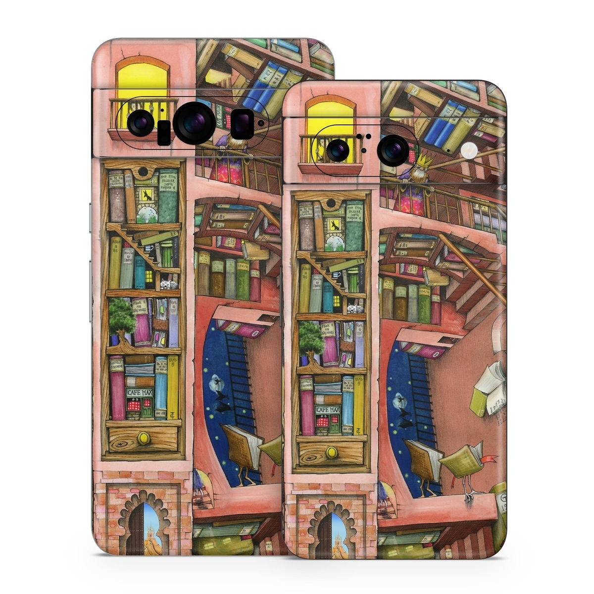 Google Pixel 8 Series Skin design of Cartoon, Building, Art, Architecture, Design, Fun, Retail, Illustration, Neighbourhood, Room, with pink, yellow, blue, red, orange, brown colors