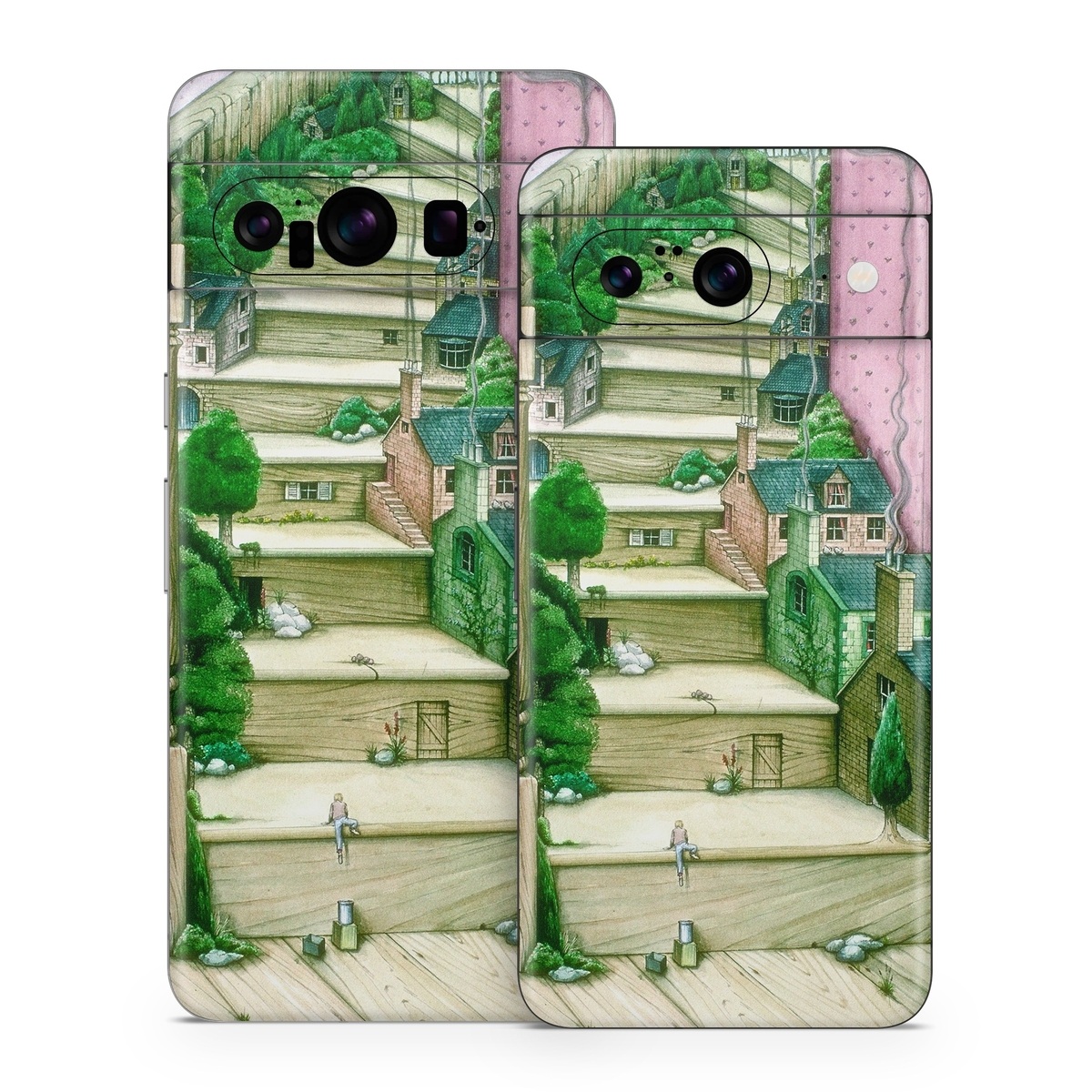 Google Pixel 8 Series Skin design of Green, Stairs, House, Watercolor paint, Home, Illustration, Building, Wood, Plant, Sketch, with pink, green, brown colors