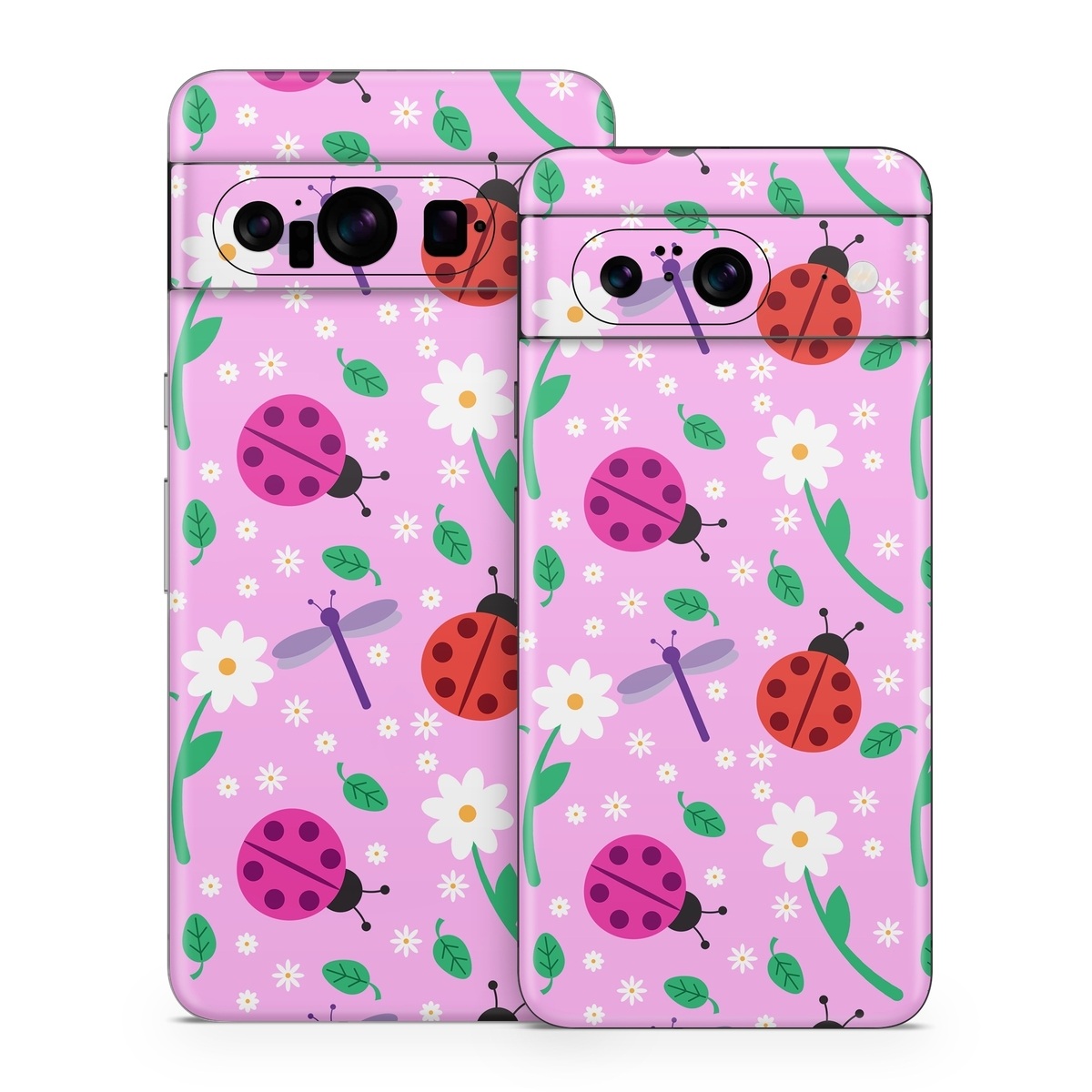 Google Pixel 8 Series Skin design of Pink, Pattern, Design, Magenta, Clip art, Plant, Visual arts, Ladybug, Child art, Illustration, with pink, white, purple, gray, red, blue colors