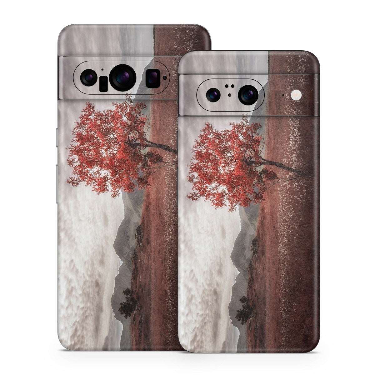 Google Pixel 8 Series Skin design of Natural landscape, Nature, Tree, Sky, Red, Natural environment, Atmospheric phenomenon, Leaf, Cloud, Woody plant, with black, gray, red colors