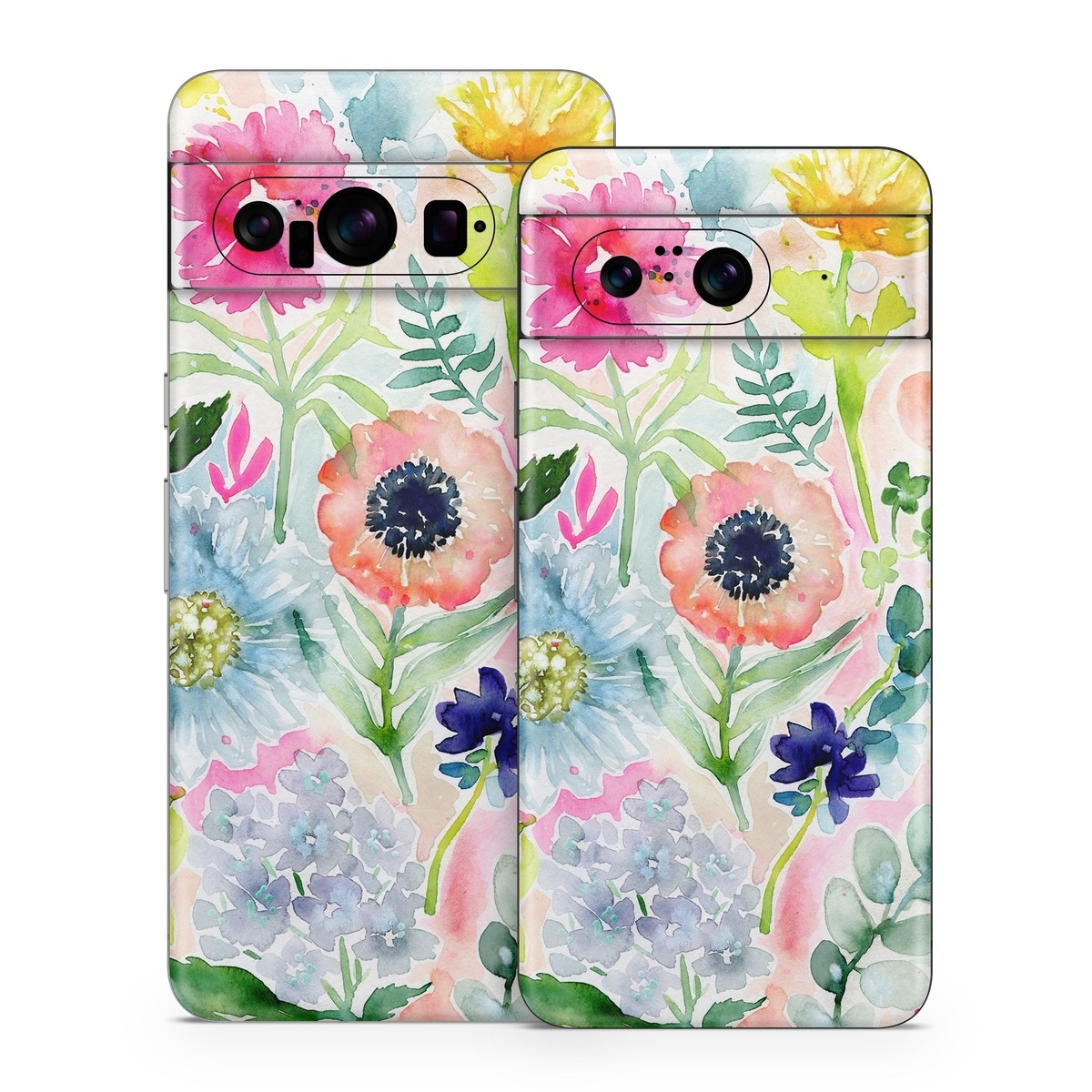 Google Pixel 8 Series Skin design of Flower, Watercolor paint, Plant, Flowering plant, Pattern, Floral design, Botany, Petal, Wildflower, Design, with green, pink, yellow, orange, blue, red, purple colors