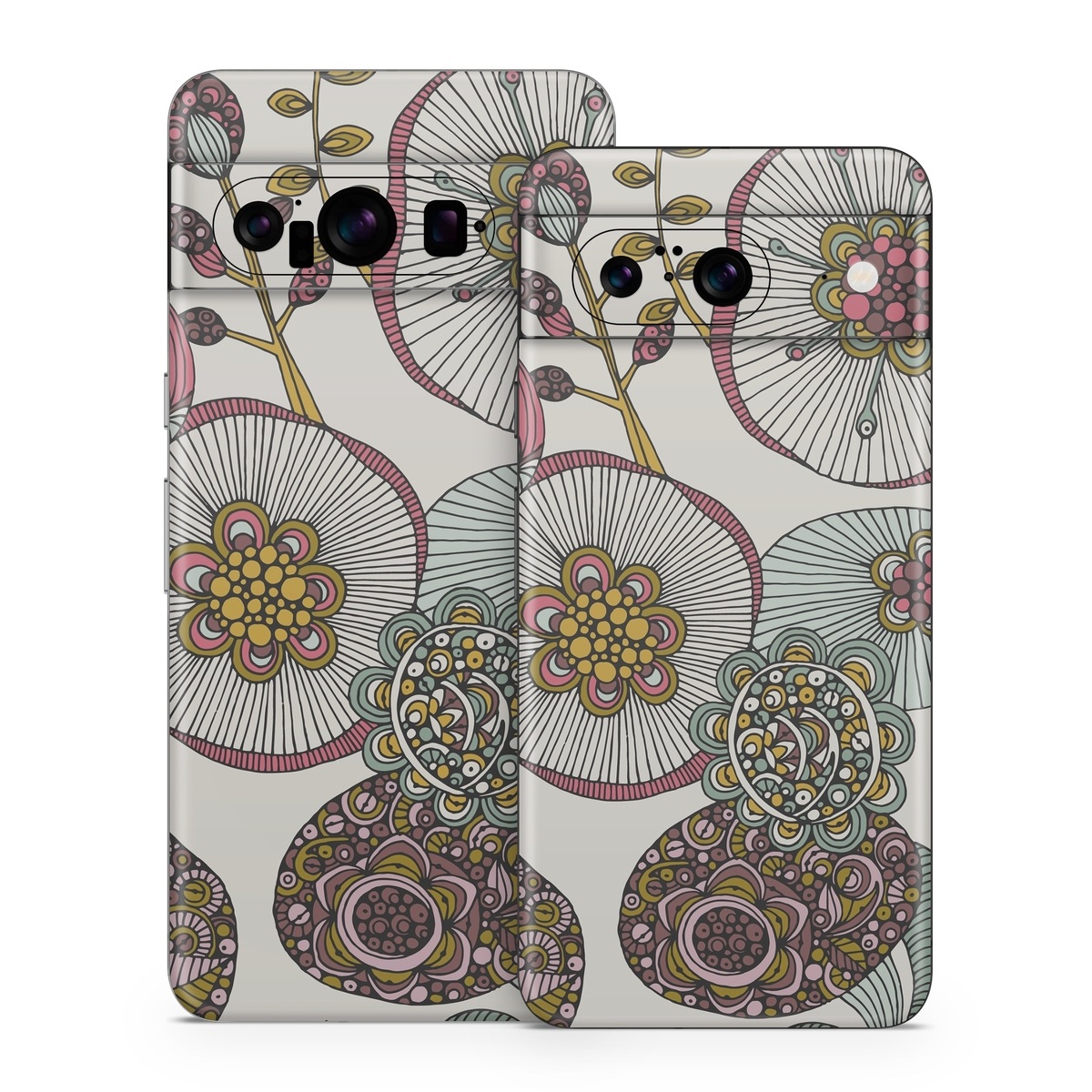 Google Pixel 8 Series Skin design of Pattern, Textile, Botany, Visual arts, Motif, Design, Needlework, Circle, Floral design, with gray, pink, green, blue, purple colors