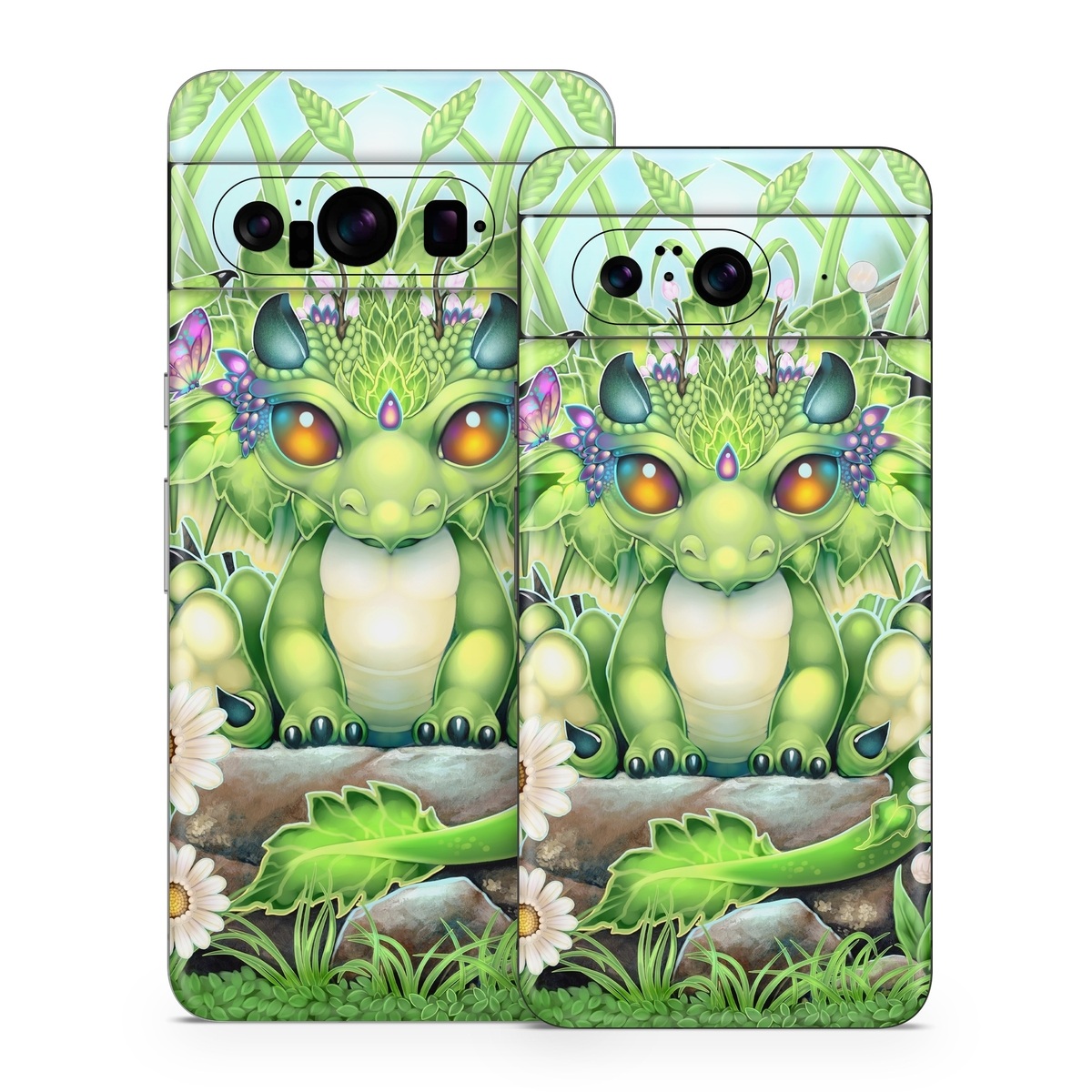 Google Pixel 8 Series Skin design of Plant, Green, Leaf, Natural environment, Flower, Terrestrial plant, Grass, Creative arts, People in nature, Art, with green, white, yellow, brown, blue colors