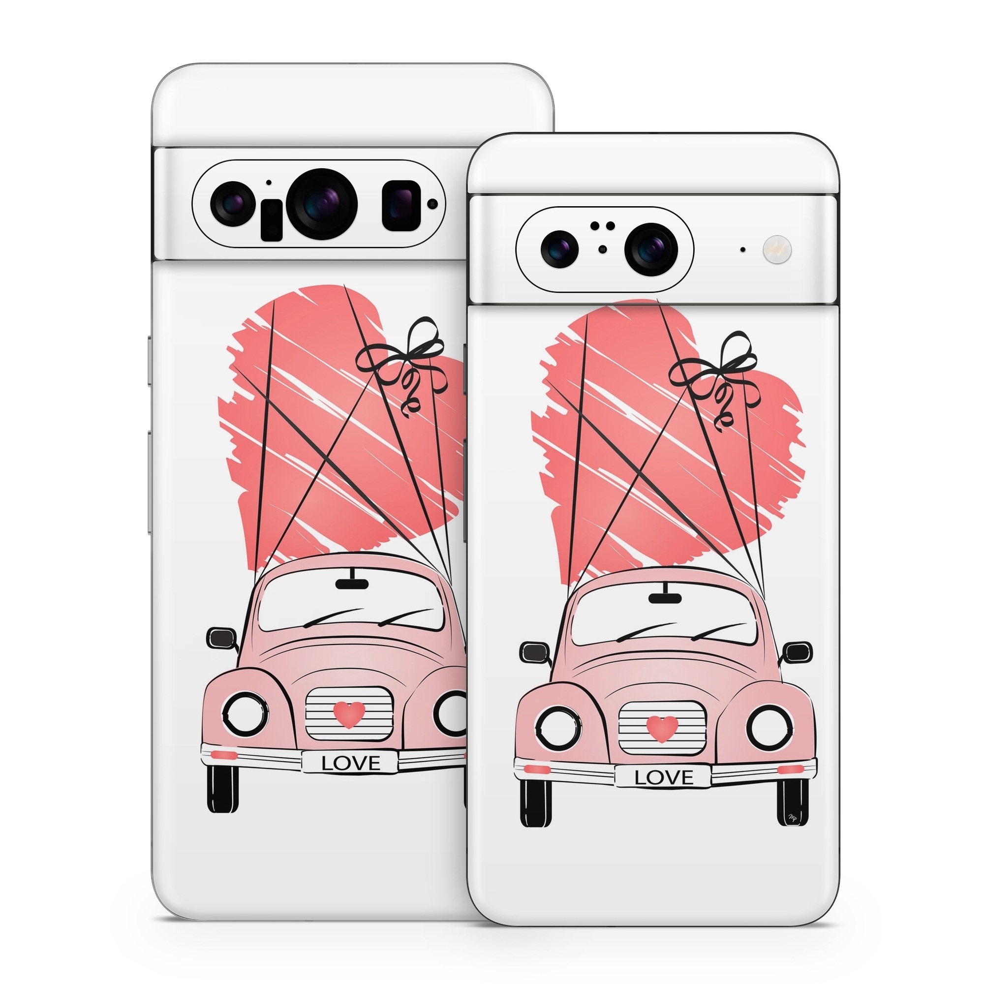 Google Pixel 8 Series Skin design of Land vehicle, Wheel, Vehicle, Tire, Hood, Automotive lighting, Car, Motor vehicle, Kit car, Cartoon, with white, pink, black, red colors