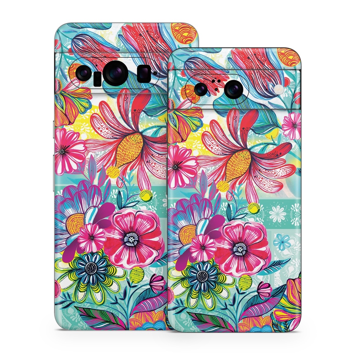 Google Pixel 8 Series Skin design of Pattern, Floral design, Textile, Pink, Design, Flower, Visual arts, Wildflower, Plant, with blue, pink, purple, red, green, yellow, orange colors