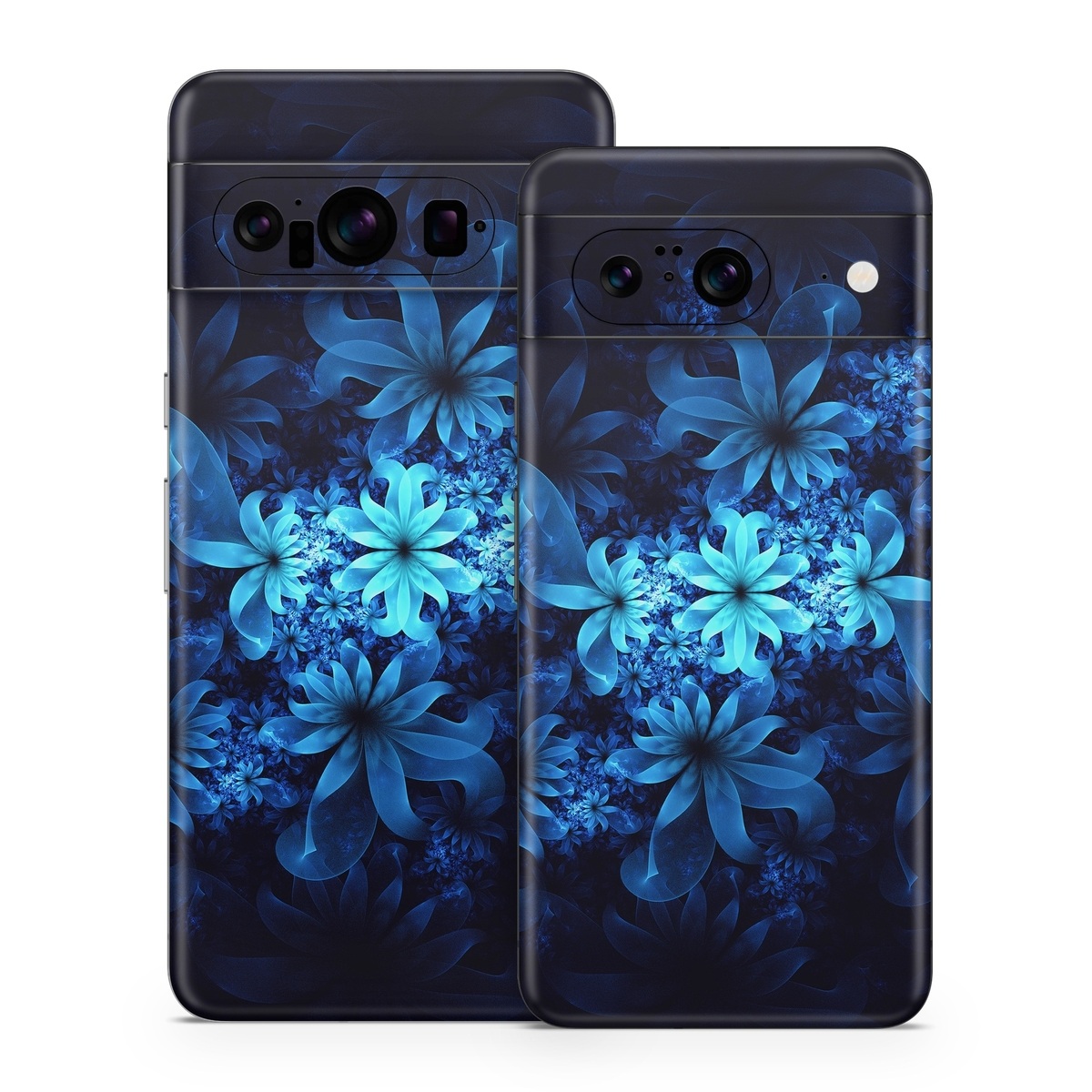 Google Pixel 8 Series Skin design of Nature, Blue, Petal, Organism, Darkness, Flower, Colorfulness, Electric Blue, Majorelle Blue, Pattern, Botany, Still Life Photography, Space, Aquatic Plant, Fractal Art, Visual Arts, Illustration, Symmetry, Midnight, Wildflower, Painting, Still Life, with black, blue, white colors