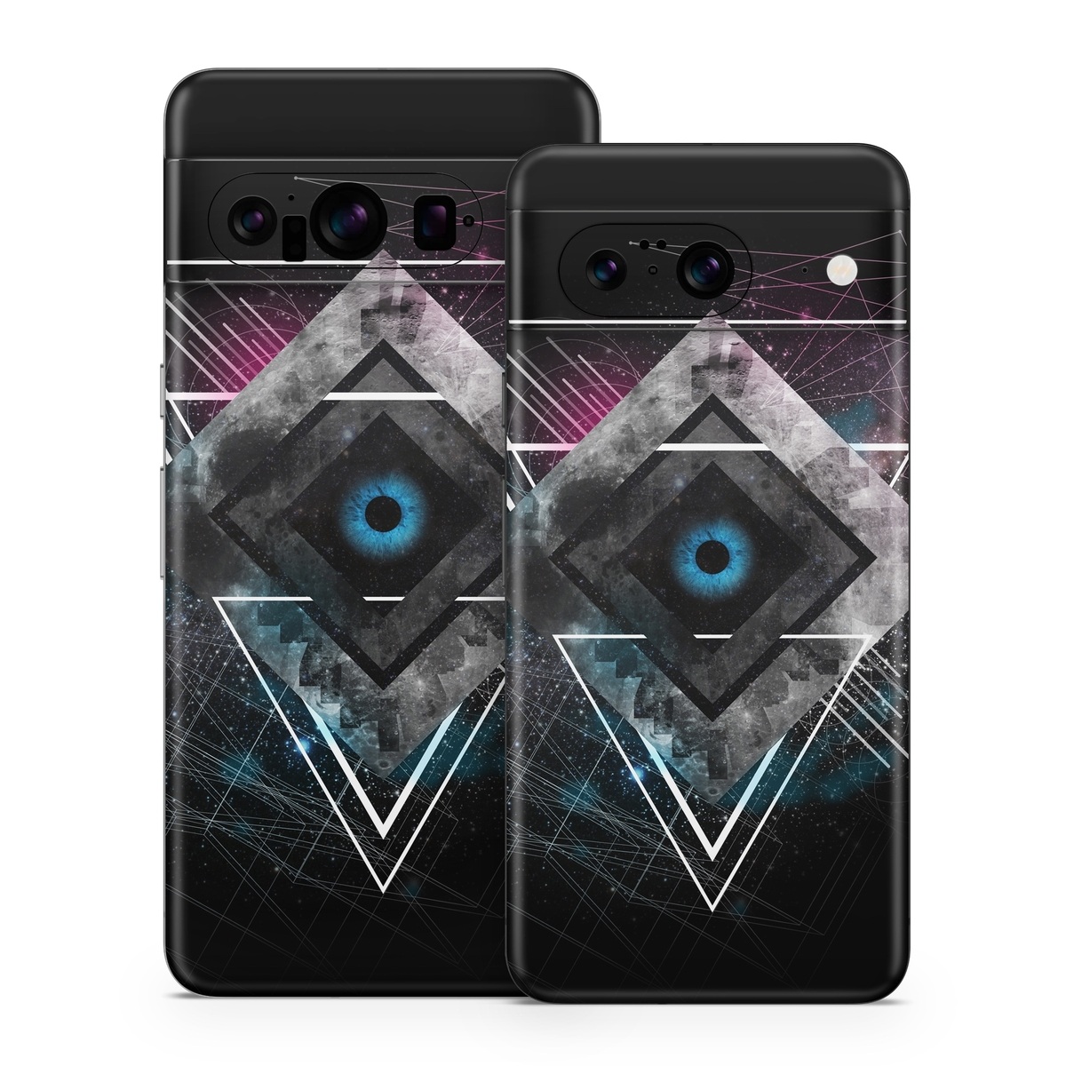 Google Pixel 8 Series Skin design of Graphic design, Design, Pattern, Graphics, Illustration, Font, Circle, Triangle, Fractal art, Logo, with black, gray colors