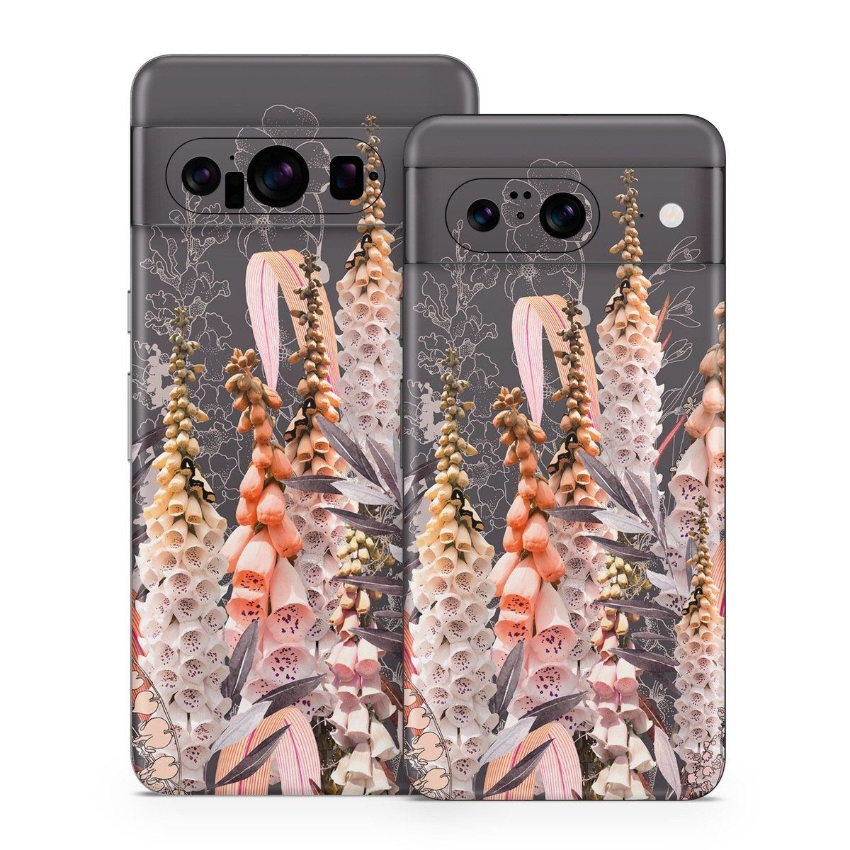 Google Pixel 8 Series Skin design of Flower, Plant, Foxtail lily, Botany, Plant stem, Illustration, Broomrape, with brown, pink, white, yellow, orange colors