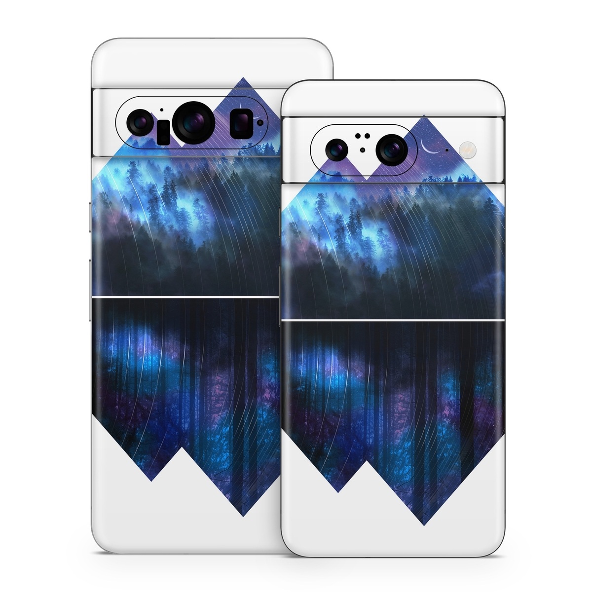 Google Pixel 8 Series Skin design of Blue, Cobalt blue, Pyramid, Pattern, Electric blue, Design, Fractal art, Sky, Triangle, Space, with white, blue, purple, black colors