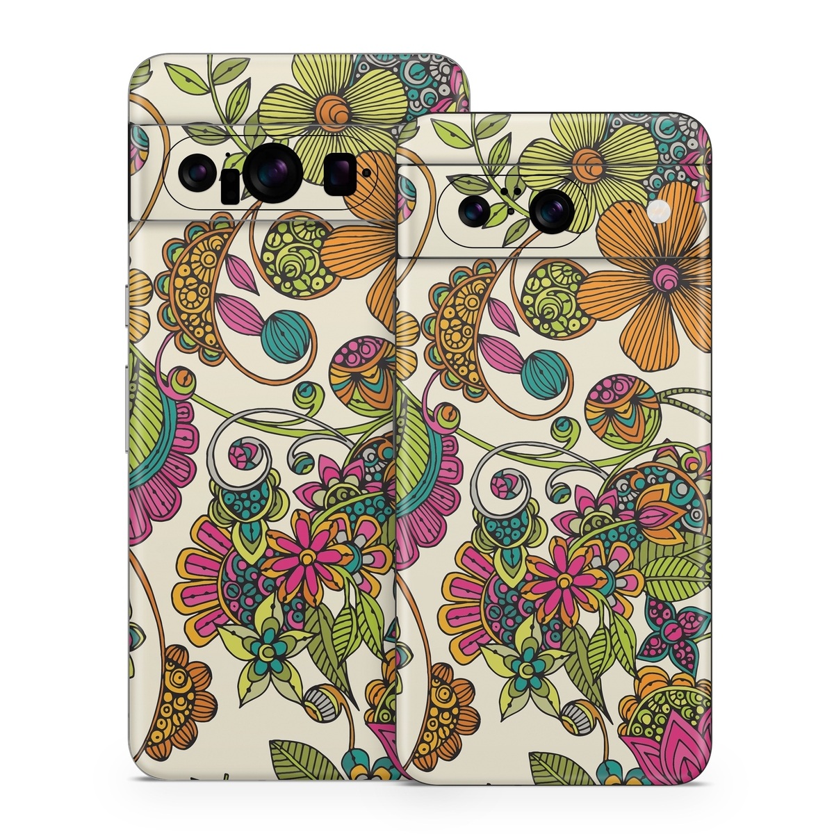 Google Pixel 8 Series Skin design of Pattern, Floral design, Motif, Design, Visual arts, Botany, Pedicel, Flower, Plant, Textile, with green, pink, orange, blue colors
