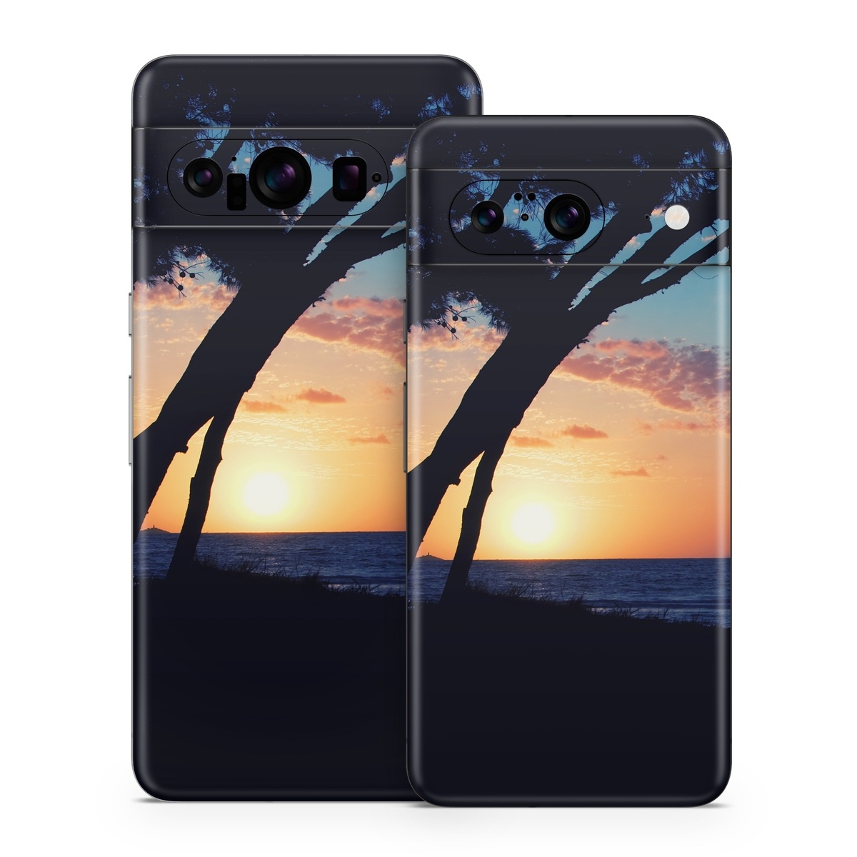Google Pixel 8 Series Skin design of Sky, Horizon, Nature, Tree, Sunset, Sunrise, Ocean, Sea, Natural landscape, Afterglow, with black, gray, blue, green, red, pink colors