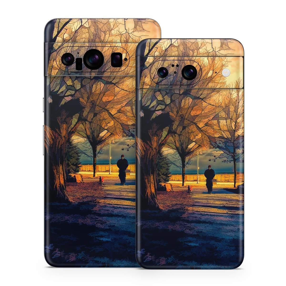 Google Pixel 8 Series Skin design of Sky, Nature, Natural landscape, Tree, Cloud, Sunset, Evening, Morning, Sunrise, Horizon, with black, brown, yellow, orange, blue colors