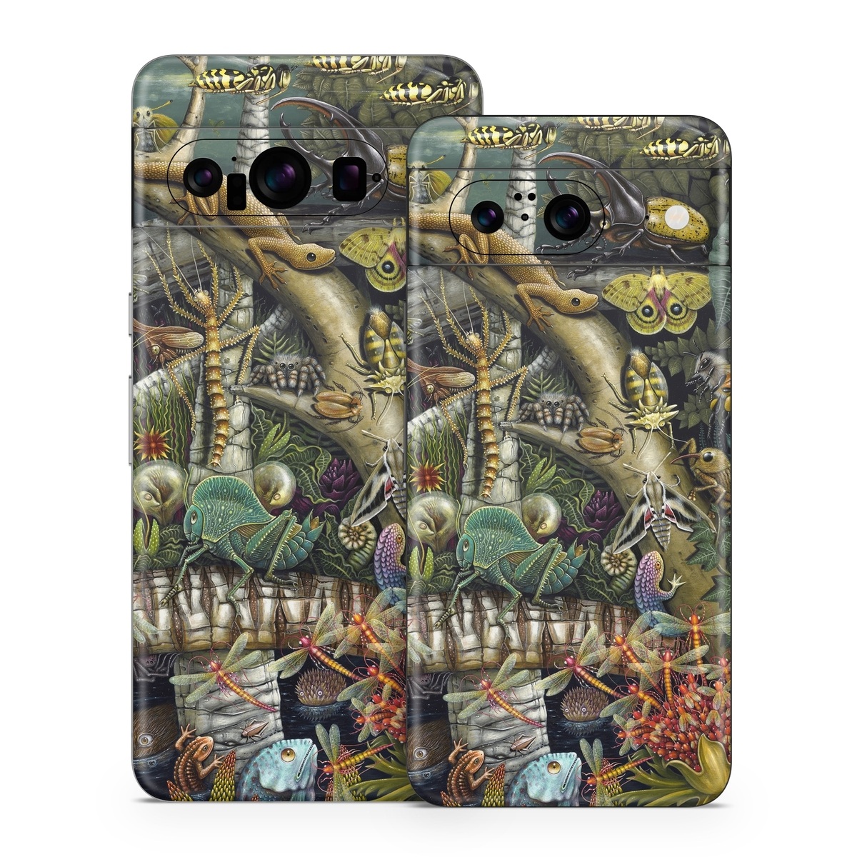 Google Pixel 8 Series Skin design of Strategy video game, Mythology, Art, Games, Plant, Painting, Adventure game, Jungle, Fictional character, Nepenthes, with green, brown, red, yellow, gray, blue, white colors