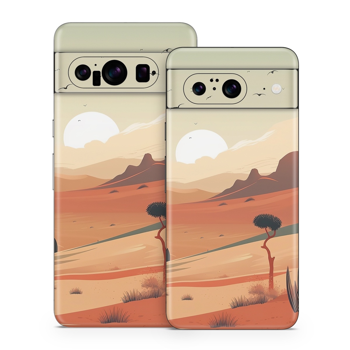 Google Pixel 8 Series Skin design of Sky, Bird, Ecoregion, Light, Nature, Cloud, Natural environment, Moon, Natural landscape, Biome, with orange, yellow, brown, green, white, black colors