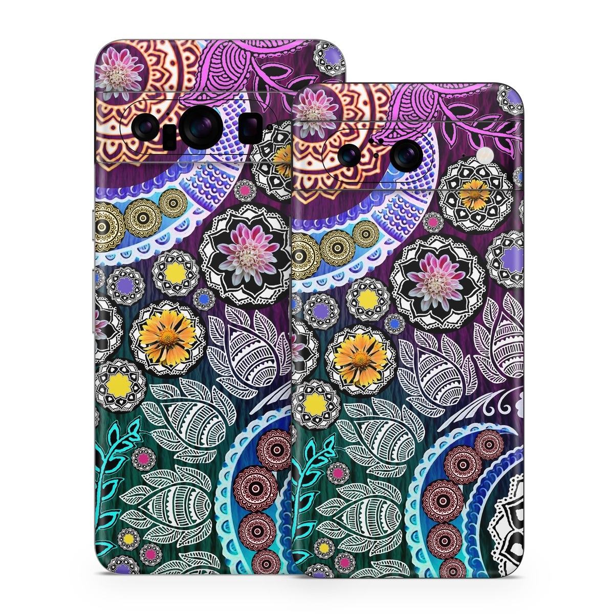 Google Pixel 8 Series Skin design of Pattern, Psychedelic art, Art, Visual arts, Design, Floral design, Textile, Motif, Circle, Illustration, with black, gray, purple, blue, green, red colors