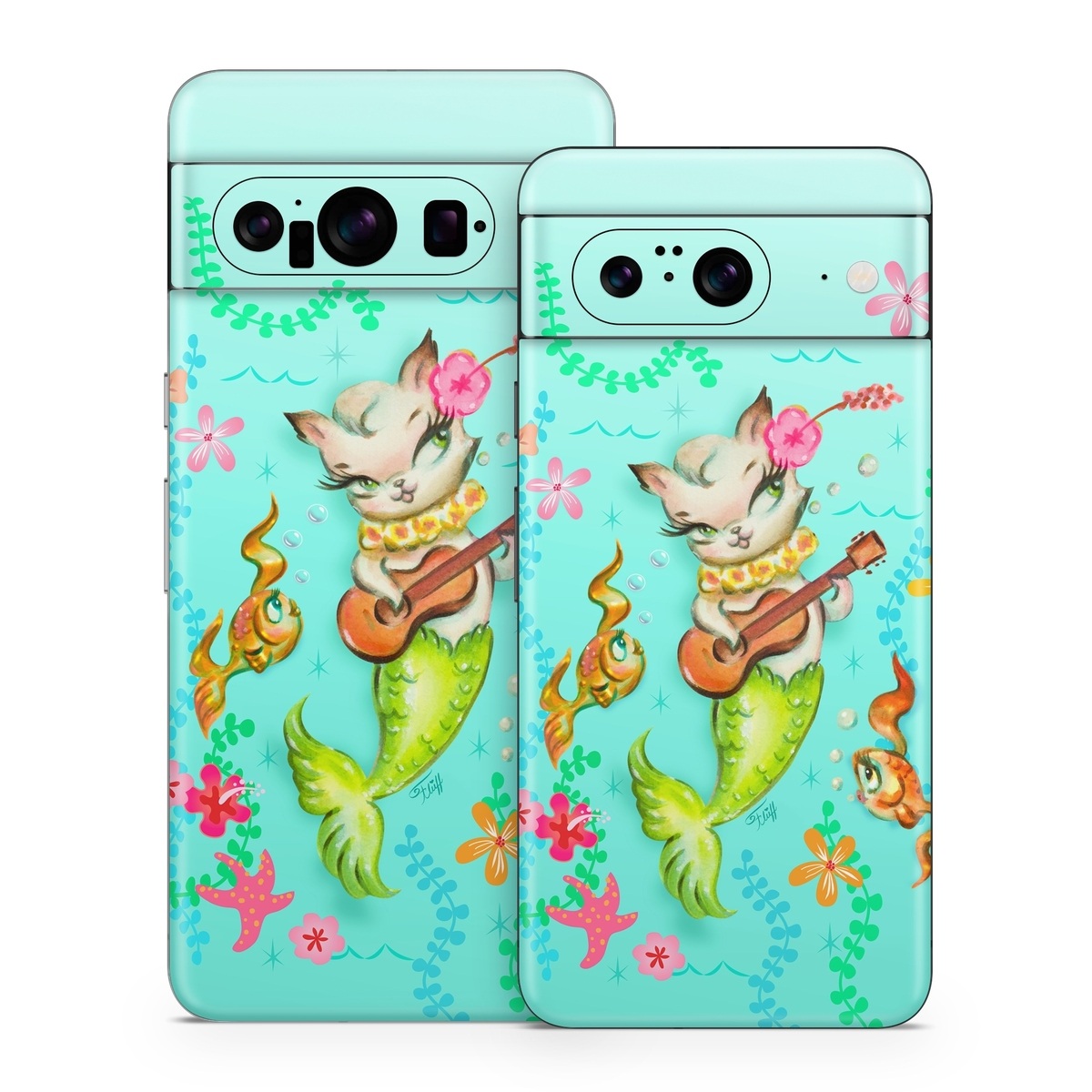 Google Pixel 8 Series Skin design of Fictional character, Illustration, Mermaid, Mythical creature, Clip art, Art, with blue, green, pink, yellow, orange, white, gray, brown colors