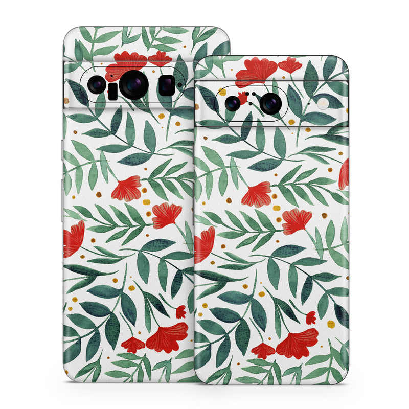 Google Pixel 8 Series Skin design of Flower, Plant, Textile, Line, Petal, Pattern, Flowering plant, Pedicel, Creative arts, Rectangle, with red, green, orange, white colors