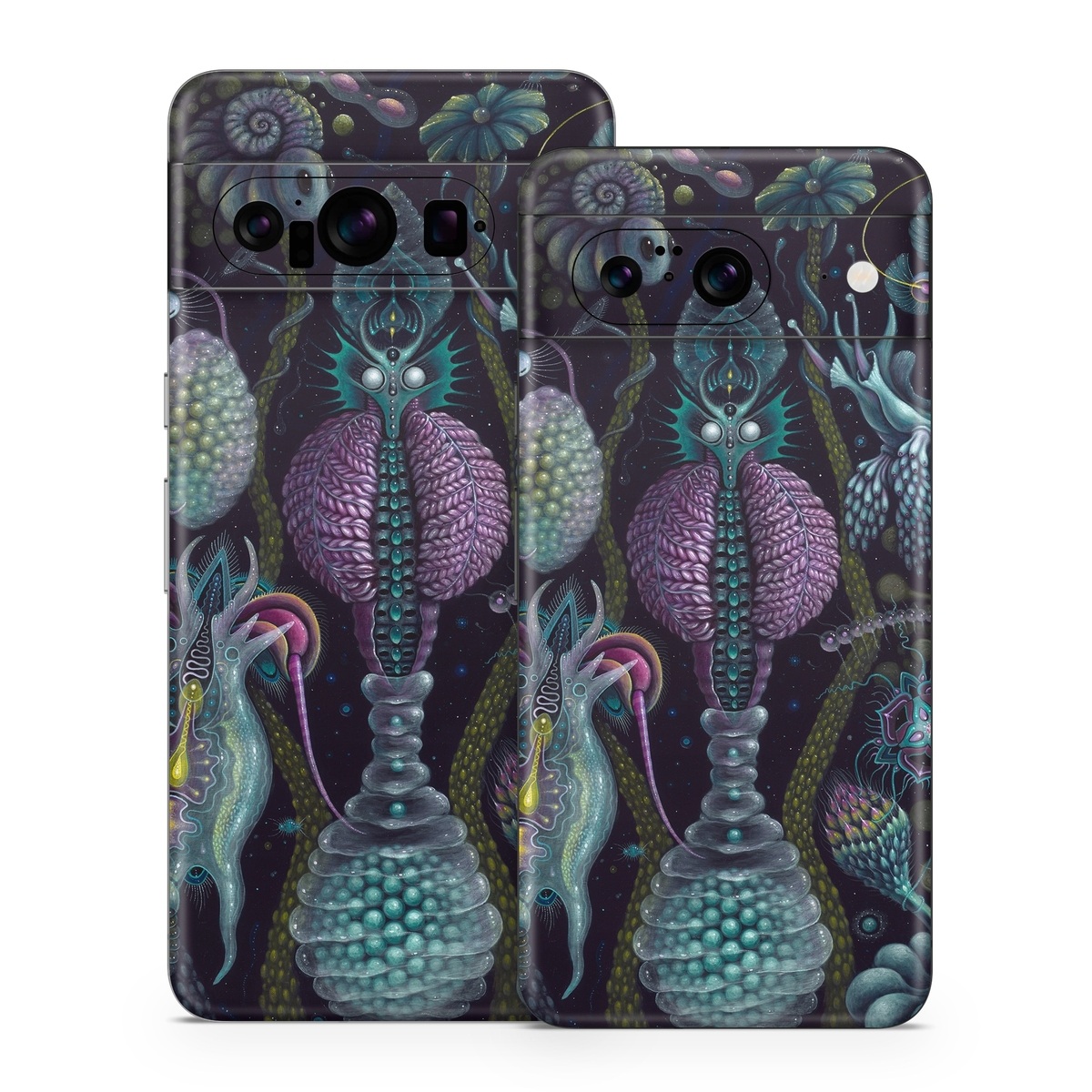 Google Pixel 8 Series Skin design of Organism, Pattern, Art, Illustration, Fractal art, Psychedelic art, Design, Visual arts, Plant, Modern art, with black, green, purple, pink, yellow, blue colors