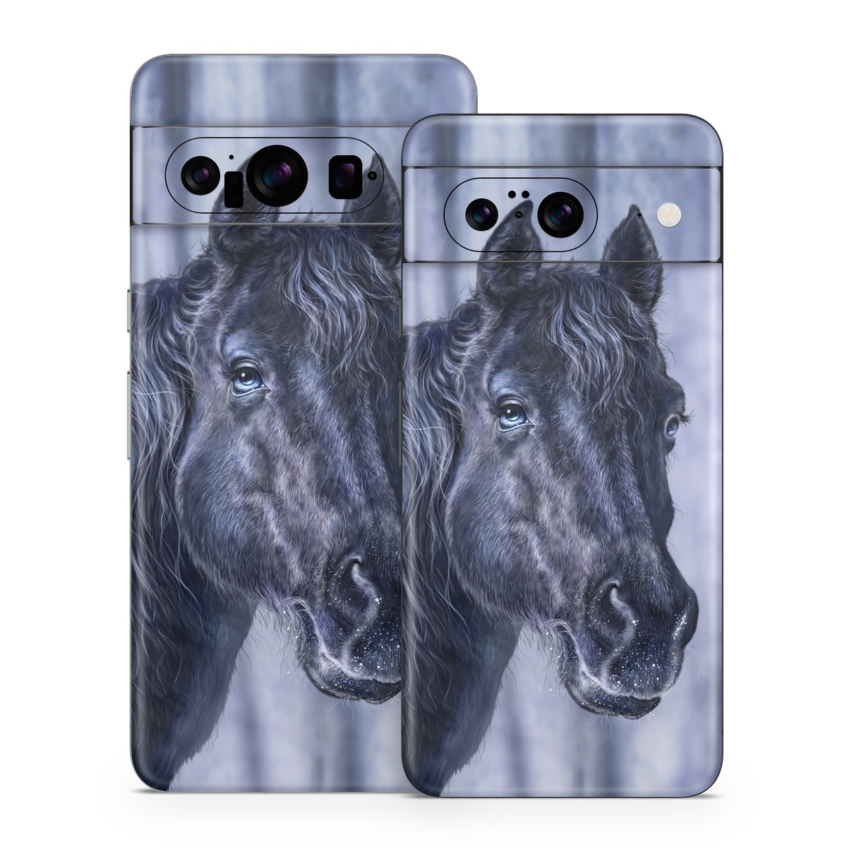 Google Pixel 8 Series Skin design of Horse, Mammal, Vertebrate, Hair, Mane, Stallion, Snout, Mare, Mustang horse, Livestock, with black, white, blue colors