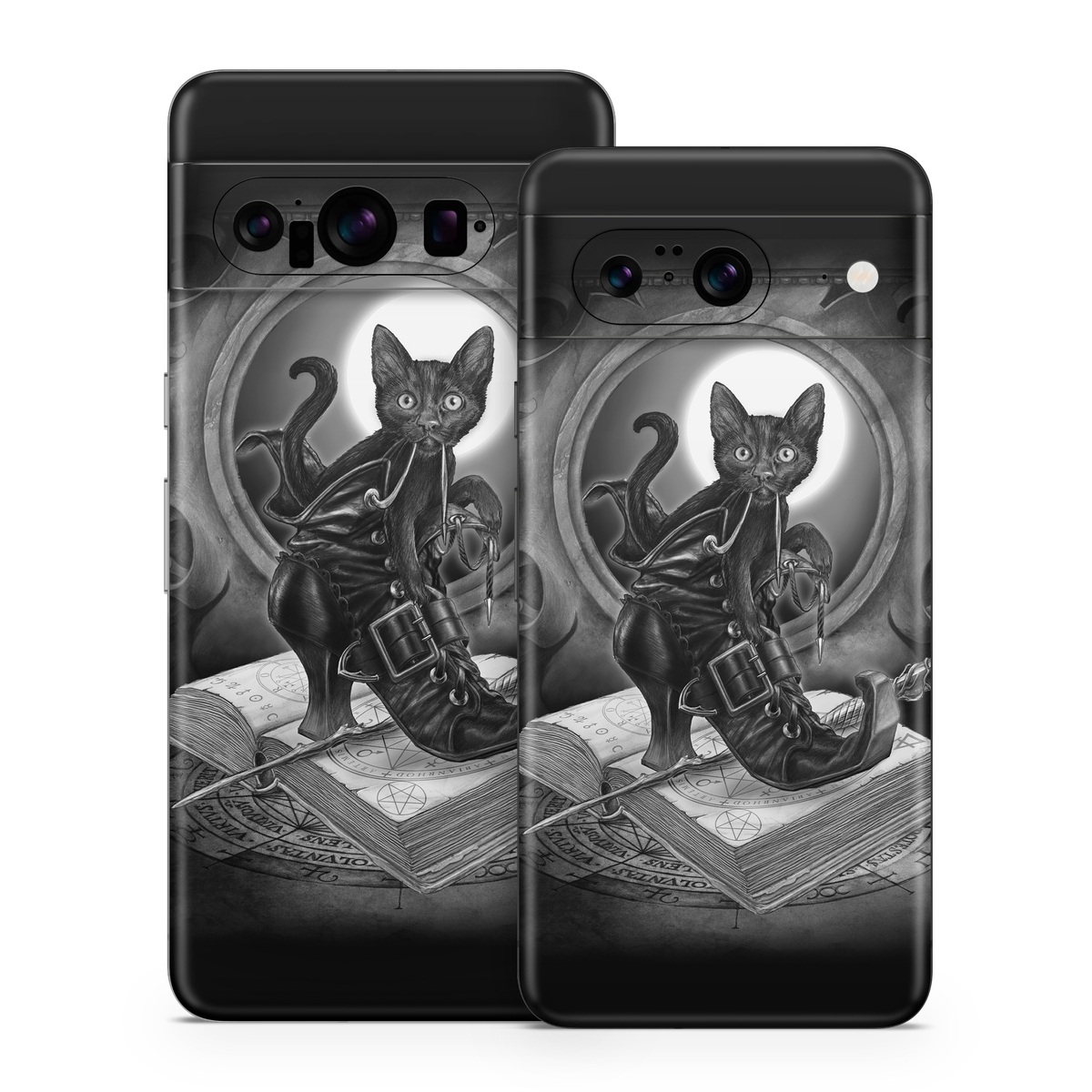 Google Pixel 8 Series Skin design of Cat, Boot, Book, Wand, Shoelace, Mirror, with black, white, gray colors
