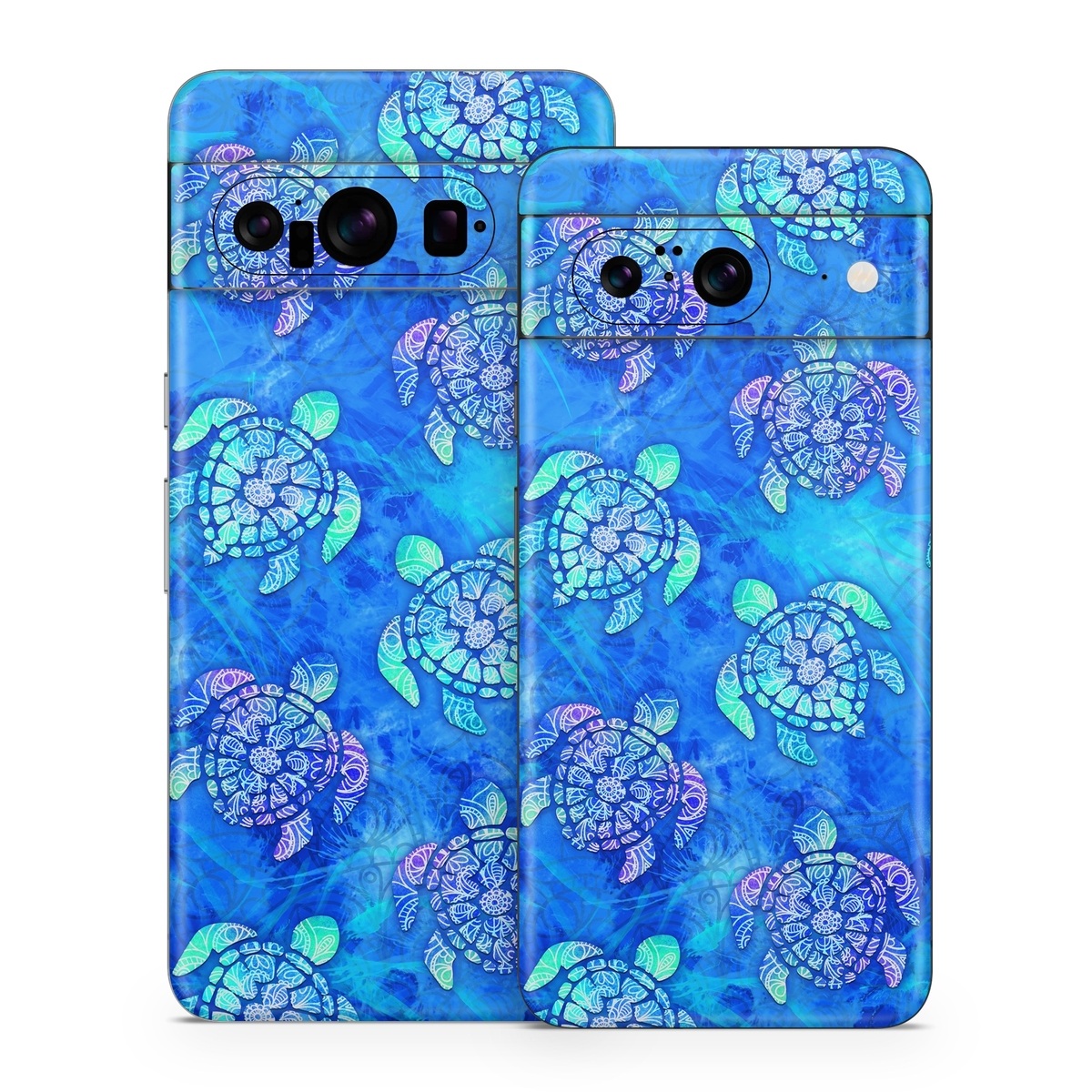 Google Pixel 8 Series Skin design of Blue, Pattern, Organism, Design, Sea turtle, Plant, Electric blue, Hydrangea, Flower, Symmetry, with blue, green, purple colors