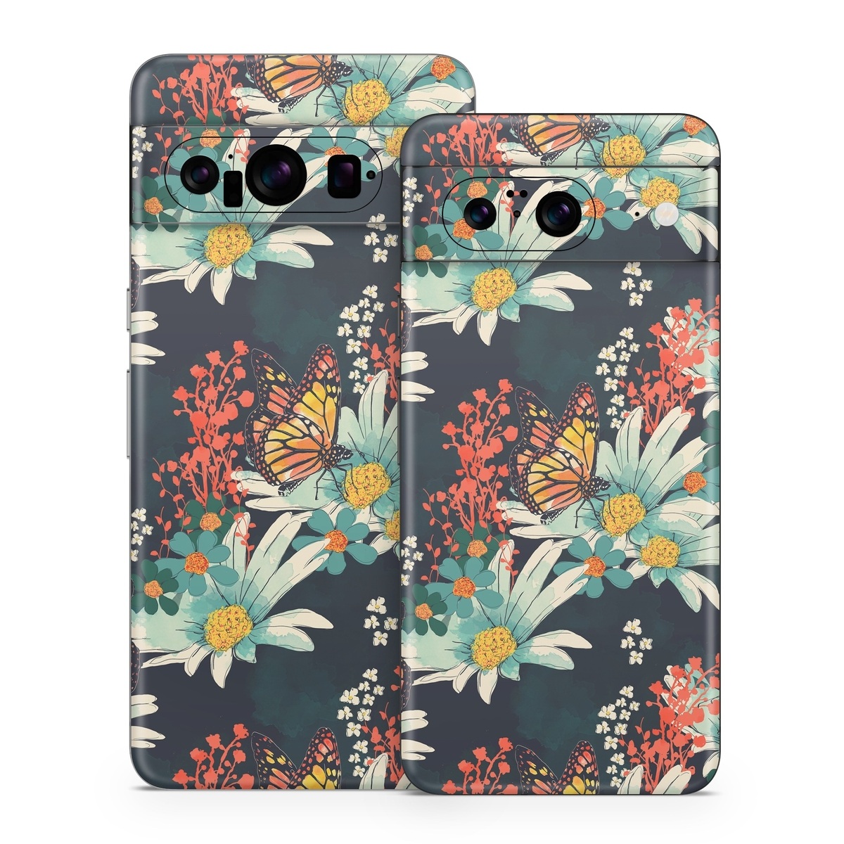 Google Pixel 8 Series Skin design of Floral design, Pattern, Flower, Floristry, Textile, Botany, Plant, Visual arts, Design, Flower Arranging, with black, gray, green, red, blue, pink colors
