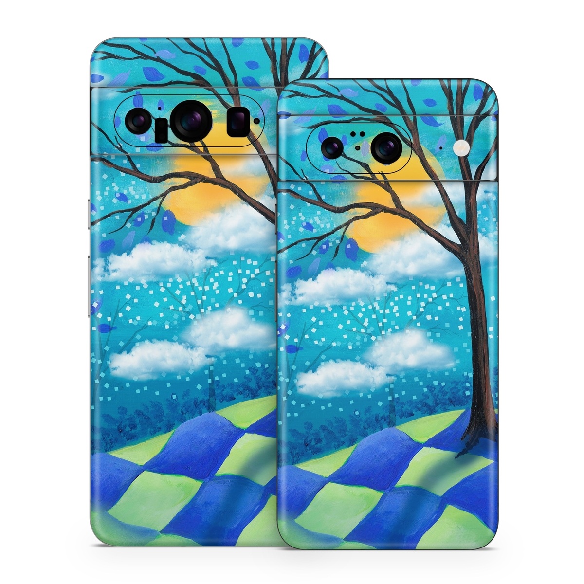 Google Pixel 8 Series Skin design of Natural landscape, Nature, Blue, Tree, Sky, Branch, Spring, Woody plant, Plant, Leaf, with blue, gray, black, purple, green colors