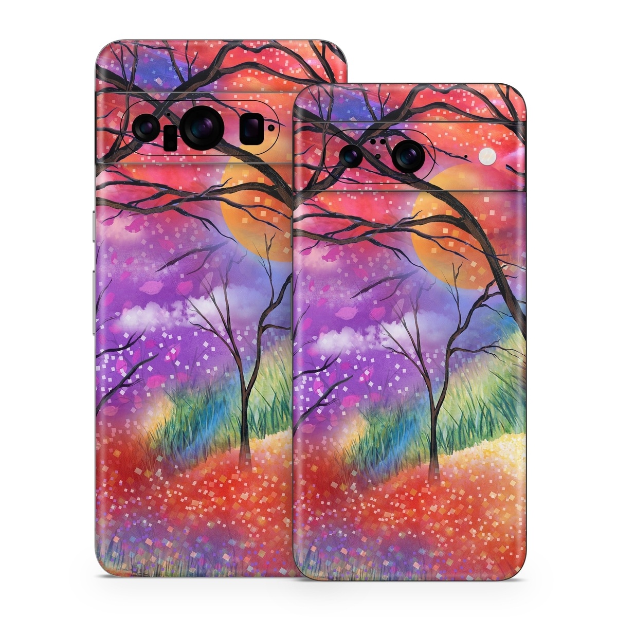 Google Pixel 8 Series Skin design of Nature, Tree, Natural landscape, Painting, Watercolor paint, Branch, Acrylic paint, Purple, Modern art, Leaf, with red, purple, black, gray, green, blue colors