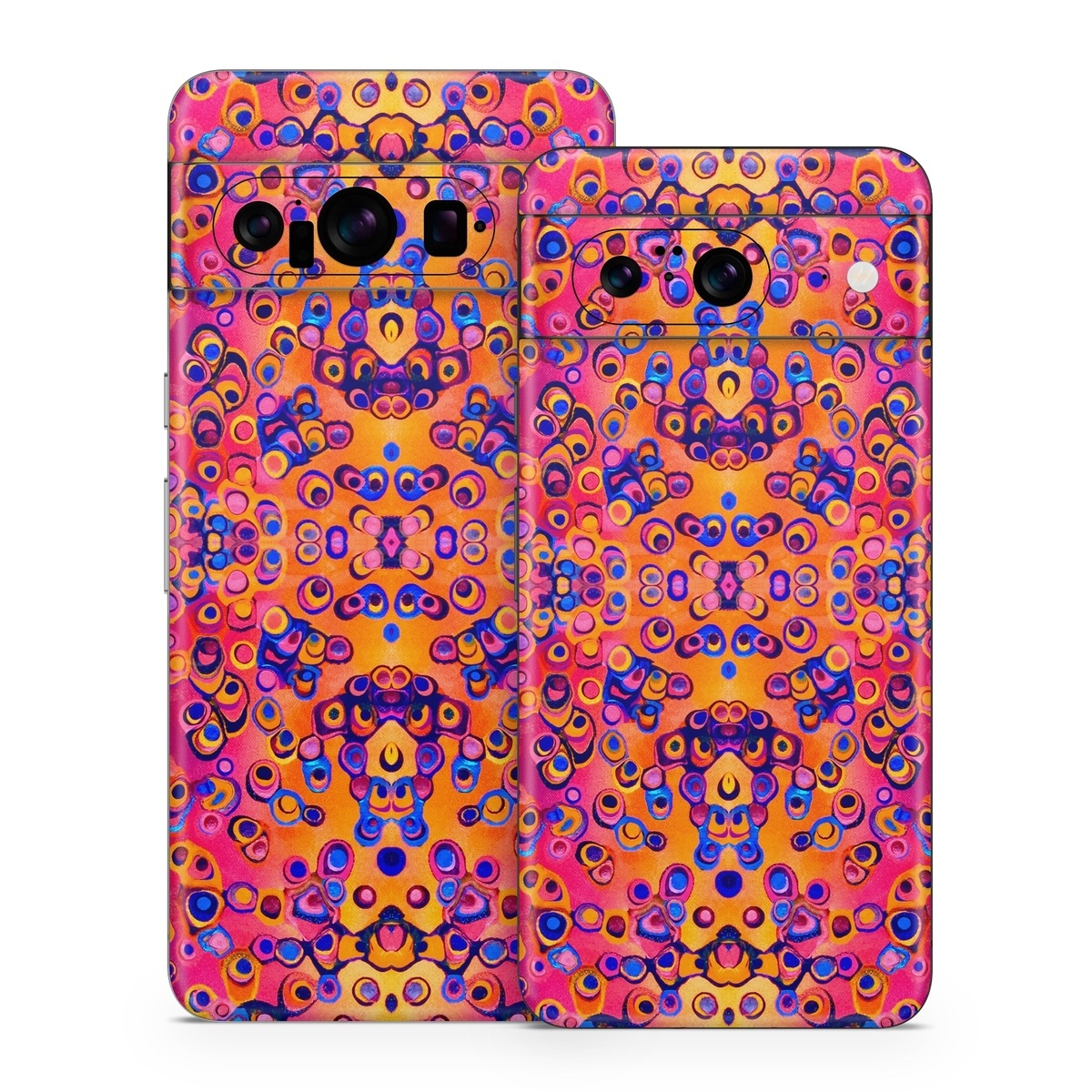 Google Pixel 8 Series Skin design of Pattern, Psychedelic art, Symmetry, with orange, purple, blue, pink colors