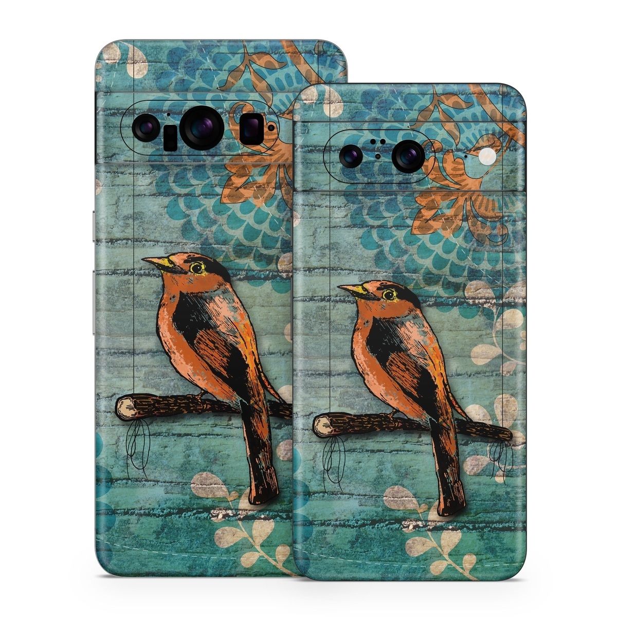 Google Pixel 8 Series Skin design of Bird, Turquoise, Painting, Art, Coraciiformes, Branch, Beak, Wildlife, Perching bird, Illustration, with black, blue, gray, green, red colors