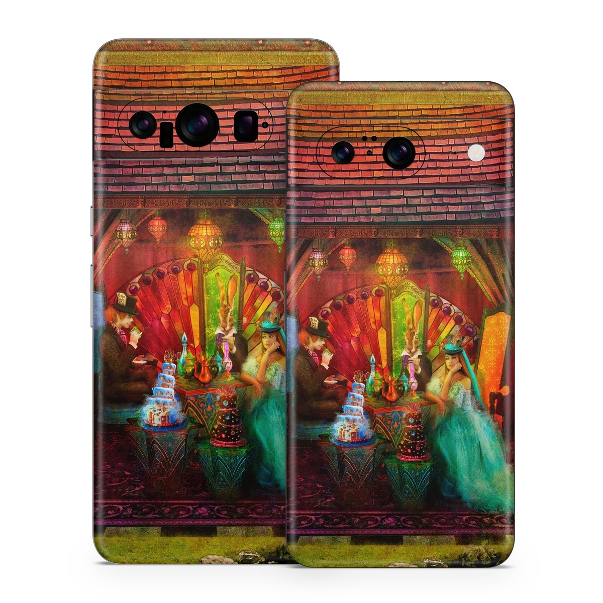 Google Pixel 8 Series Skin design of Hindu temple, Temple, Art, Painting, Place of worship, Stage, Fictional character, with black, red, green, blue, gray colors