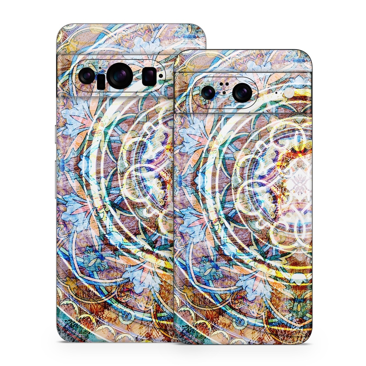Google Pixel 8 Series Skin design of Circle, Ceramic, Tableware, with yellow, red, orange, white, blue, green, gray colors