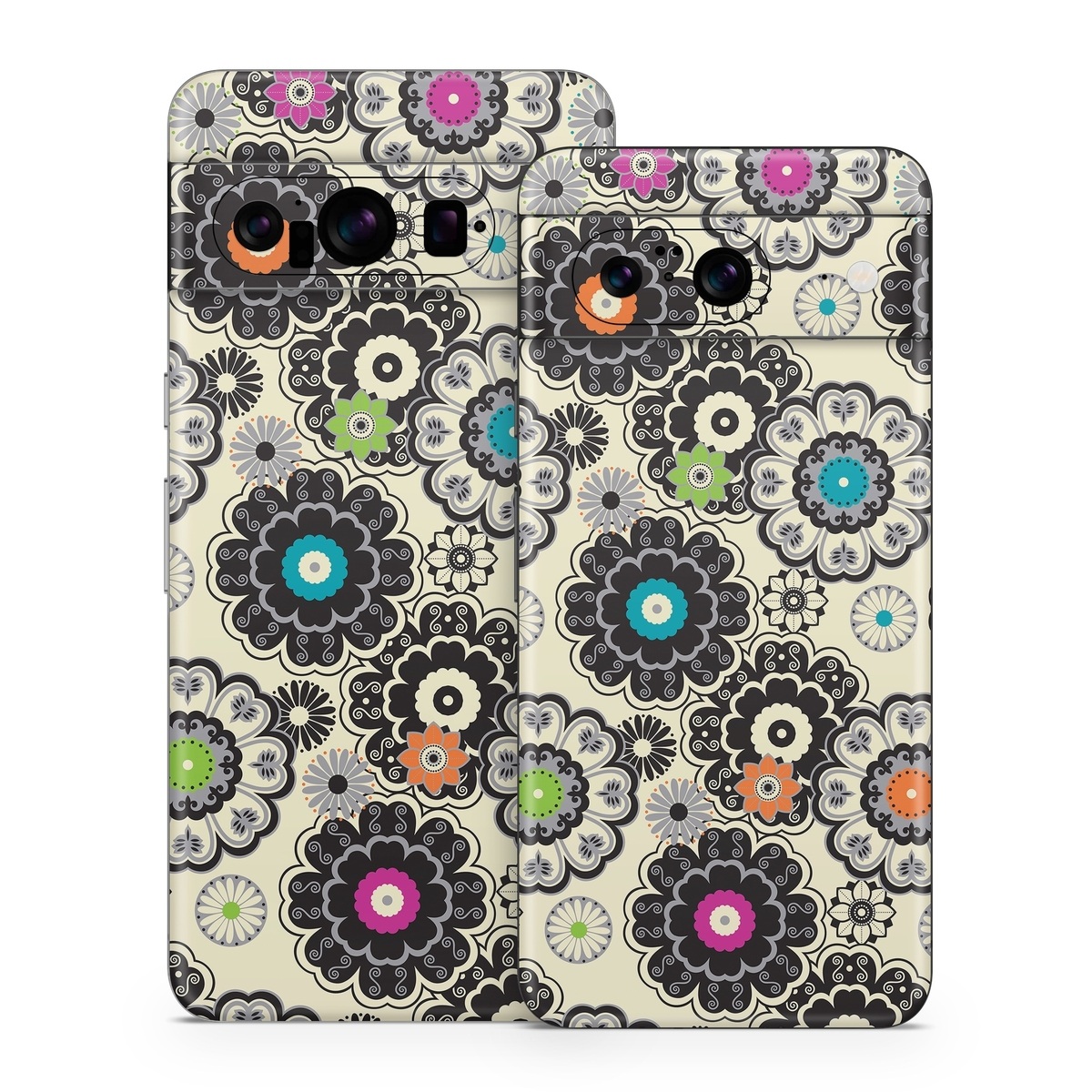 Google Pixel 8 Series Skin design of Pattern, Circle, Design, Visual arts, Floral design, Textile, Psychedelic art, Art, Plant, with gray, black, pink, green, purple colors