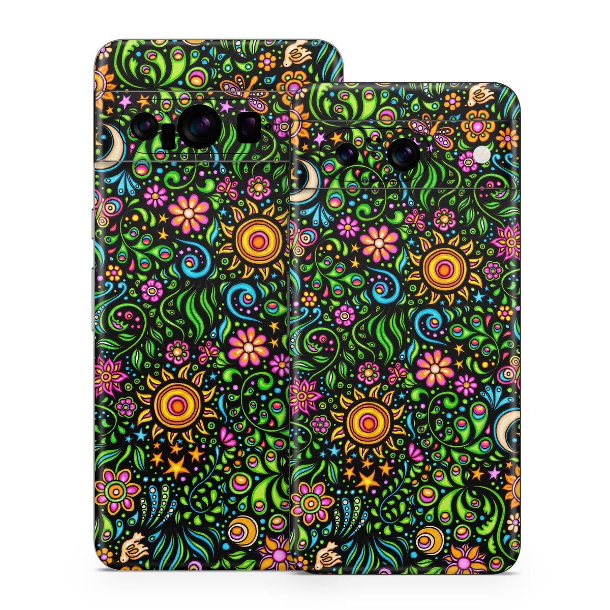 Google Pixel 8 Series Skin design of Pattern, Psychedelic art, Visual arts, Art, Design, Motif, Organism, Circle, Textile, Plant, with black, red, green, blue, purple colors