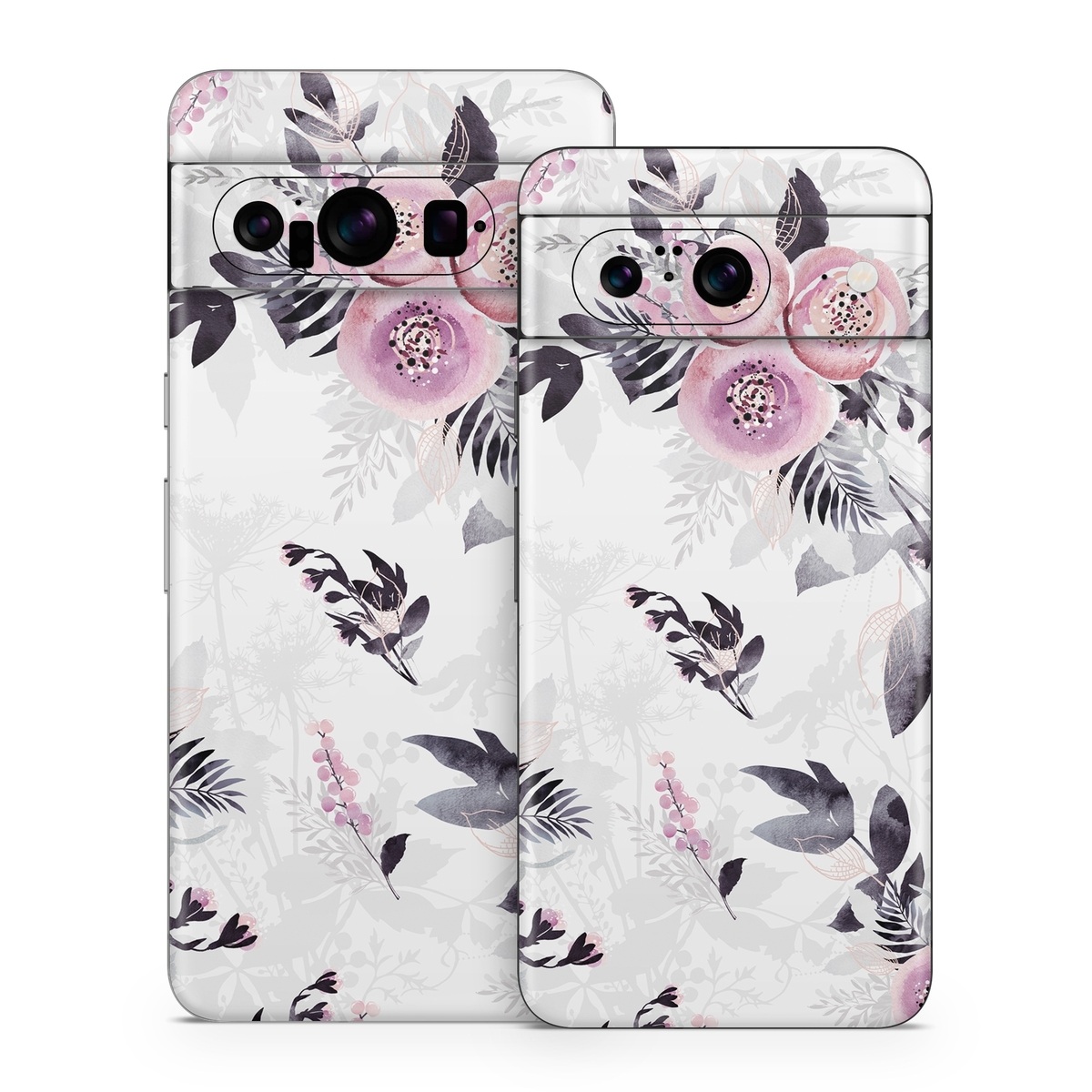 Google Pixel 8 Series Skin design of Pink, Pattern, Design, Floral design, Textile, Plant, Flower, Magenta, Petal, Wallpaper, with white, purple, pink, black, gray colors