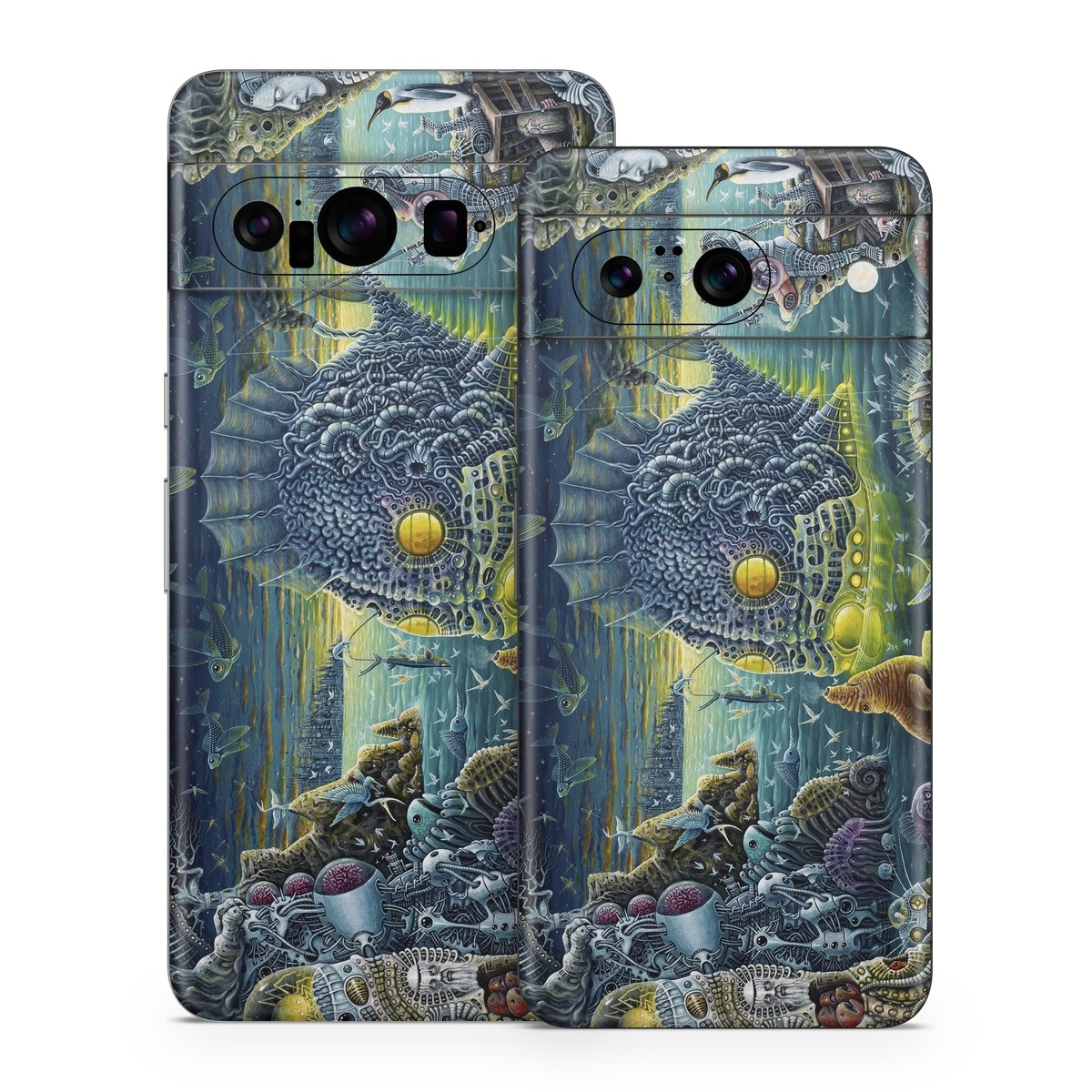 Google Pixel 8 Series Skin design of Organism, Water, Illustration, Art, Painting, Cg artwork, Fiction, Fictional character, Marine biology, Mythology, with black, gray, blue, green colors