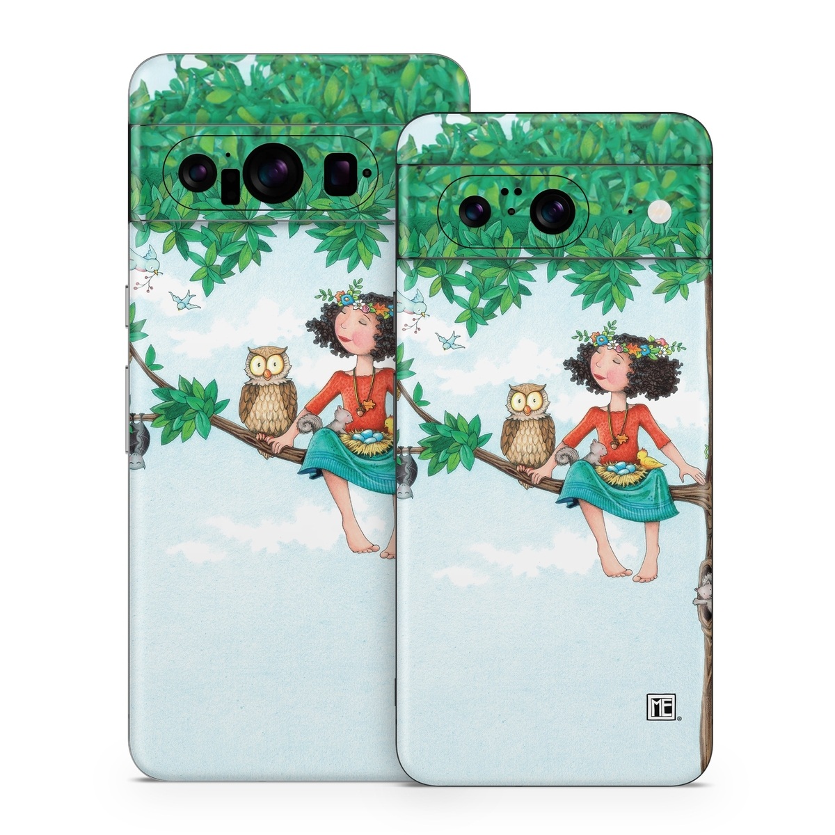 Google Pixel 8 Series Skin design of Cartoon, Illustration, Branch, Bird, Owl, Tree, Art, Plant, Clip art, Fictional character, with blue, gray, red, black, white, green colors