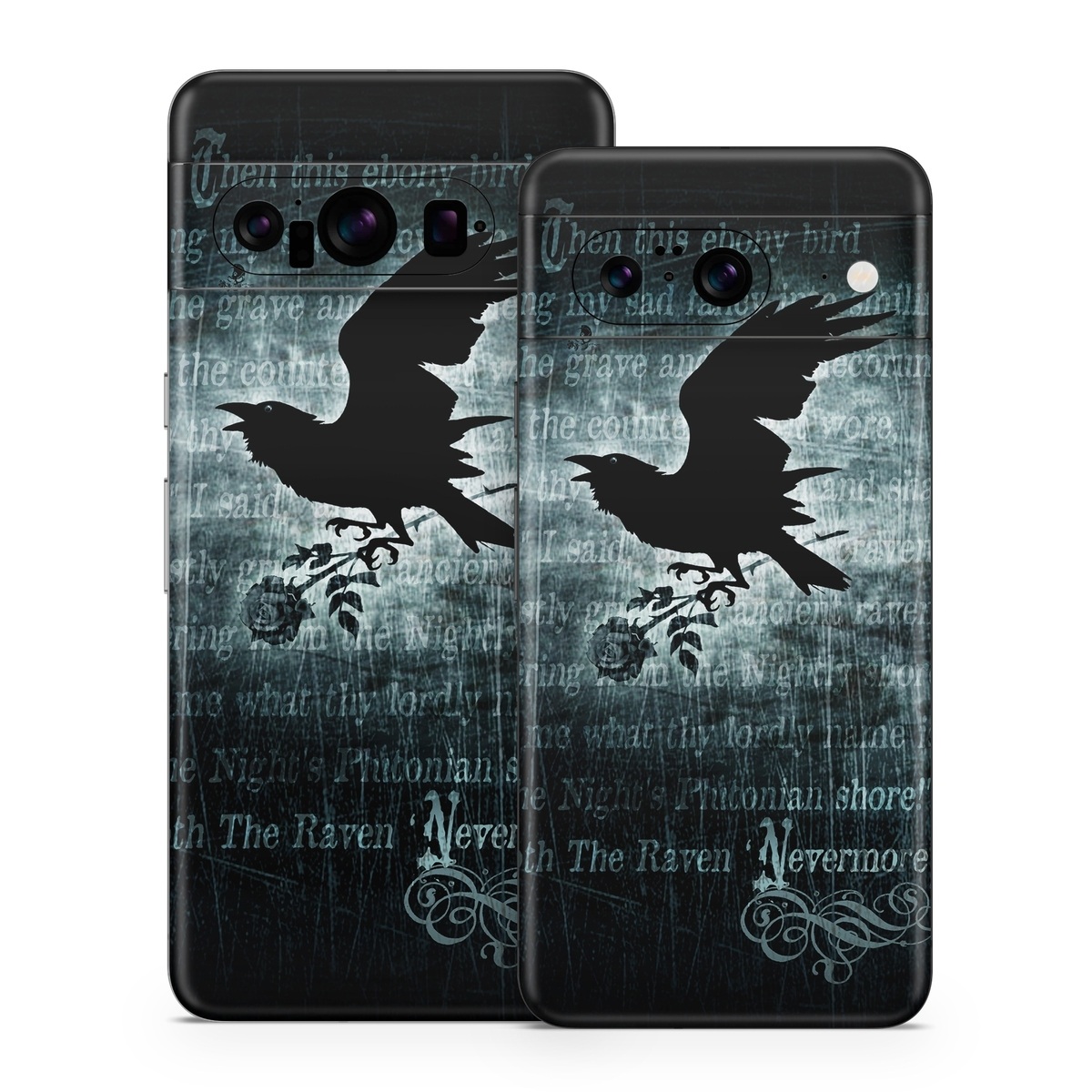 Google Pixel 8 Series Skin design of Bird, Text, Wing, Graphic design, Darkness, Font, Illustration, Graphics, with black, white, blue colors
