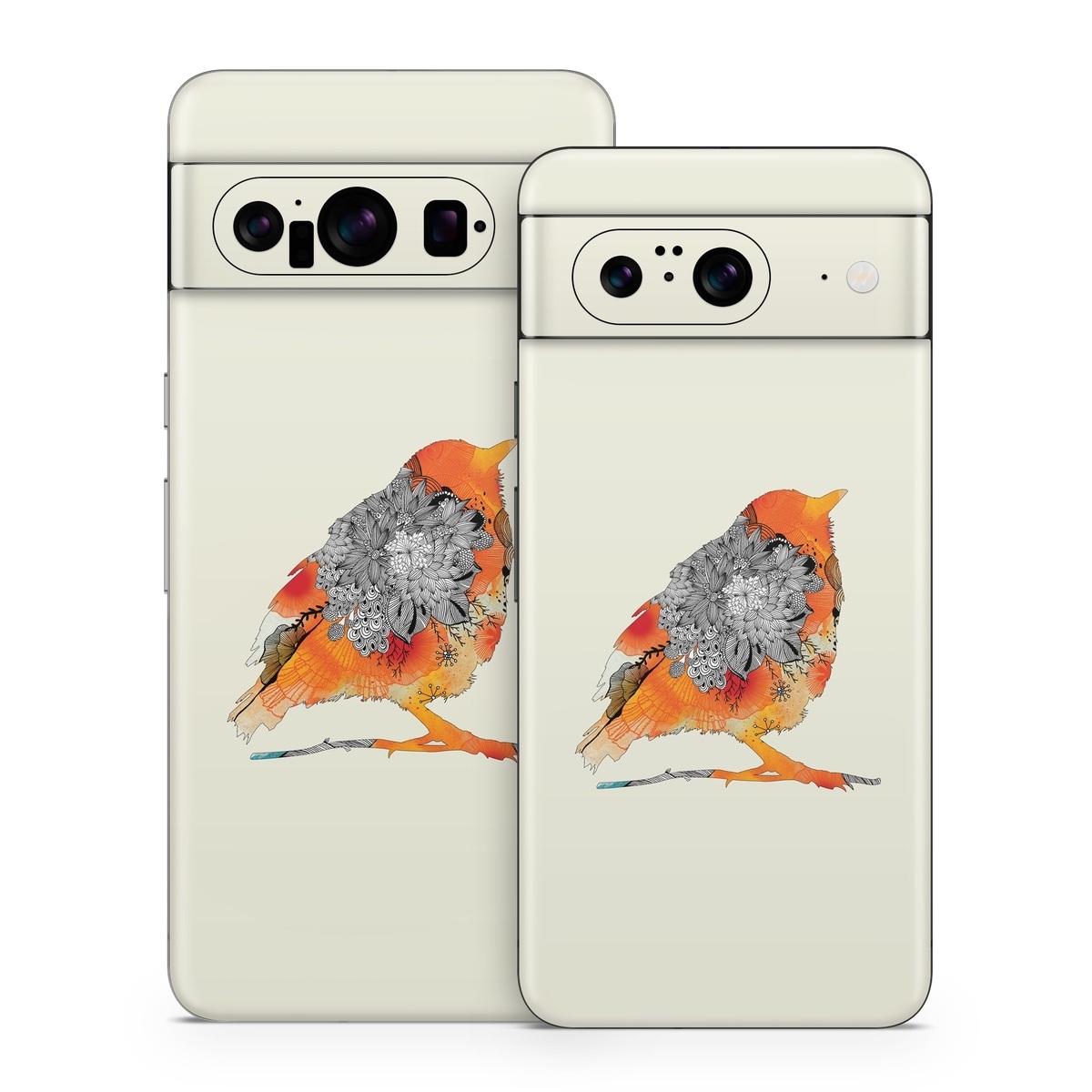 Google Pixel 8 Series Skin design of European robin, Orange, Bird, Illustration, Old World flycatcher, Drawing, Songbird, Perching bird, robin, Sketch, with gray, yellow, green, red, black colors