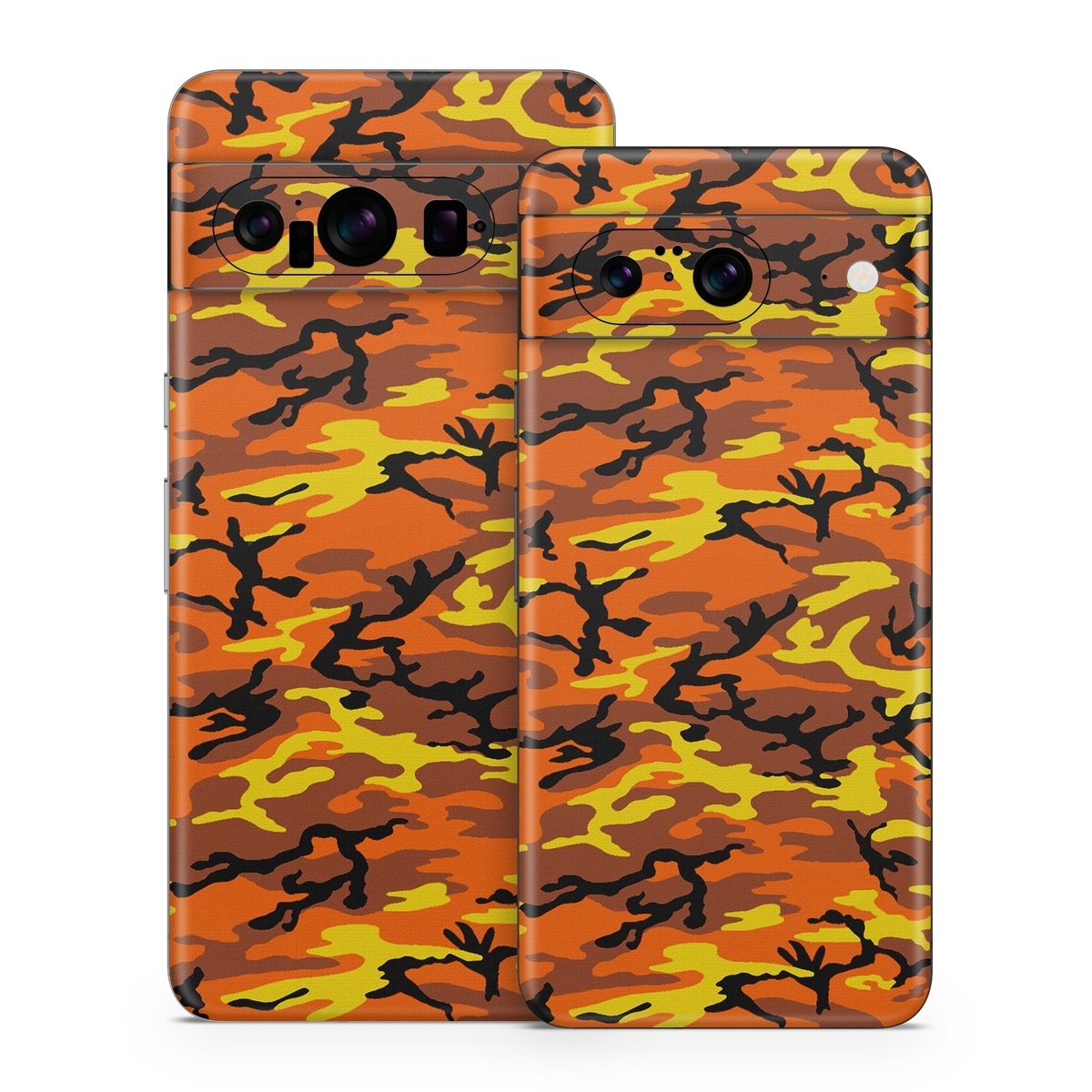 Google Pixel 8 Series Skin design of Military camouflage, Orange, Pattern, Camouflage, Yellow, Brown, Uniform, Design, Tree, Wildlife, with red, green, black colors