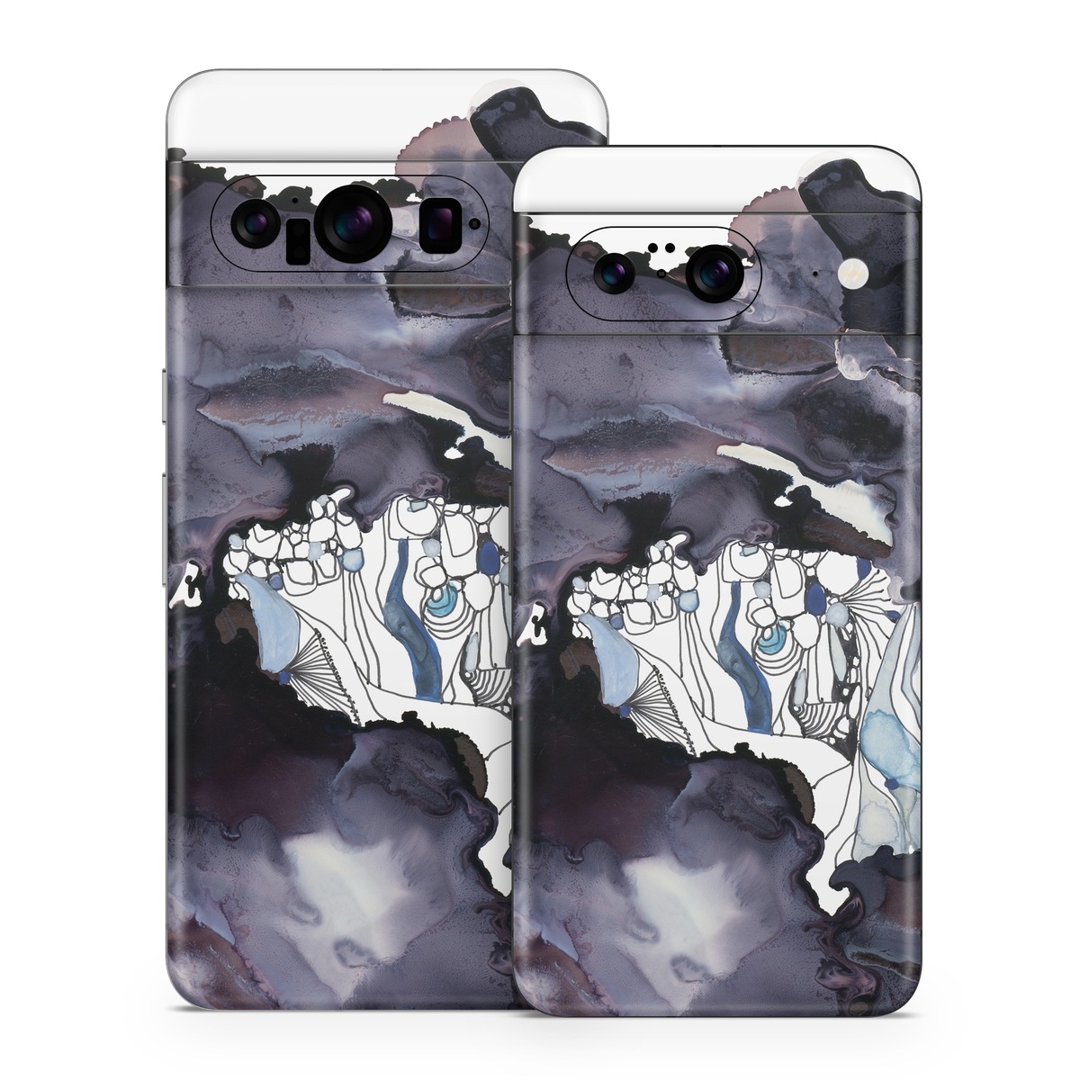 Google Pixel 8 Series Skin design of Watercolor paint, Illustration, Art, World, Paint, Cg artwork, Drawing, Graphic design, Animation, Rock, with black, purple, white, blue colors