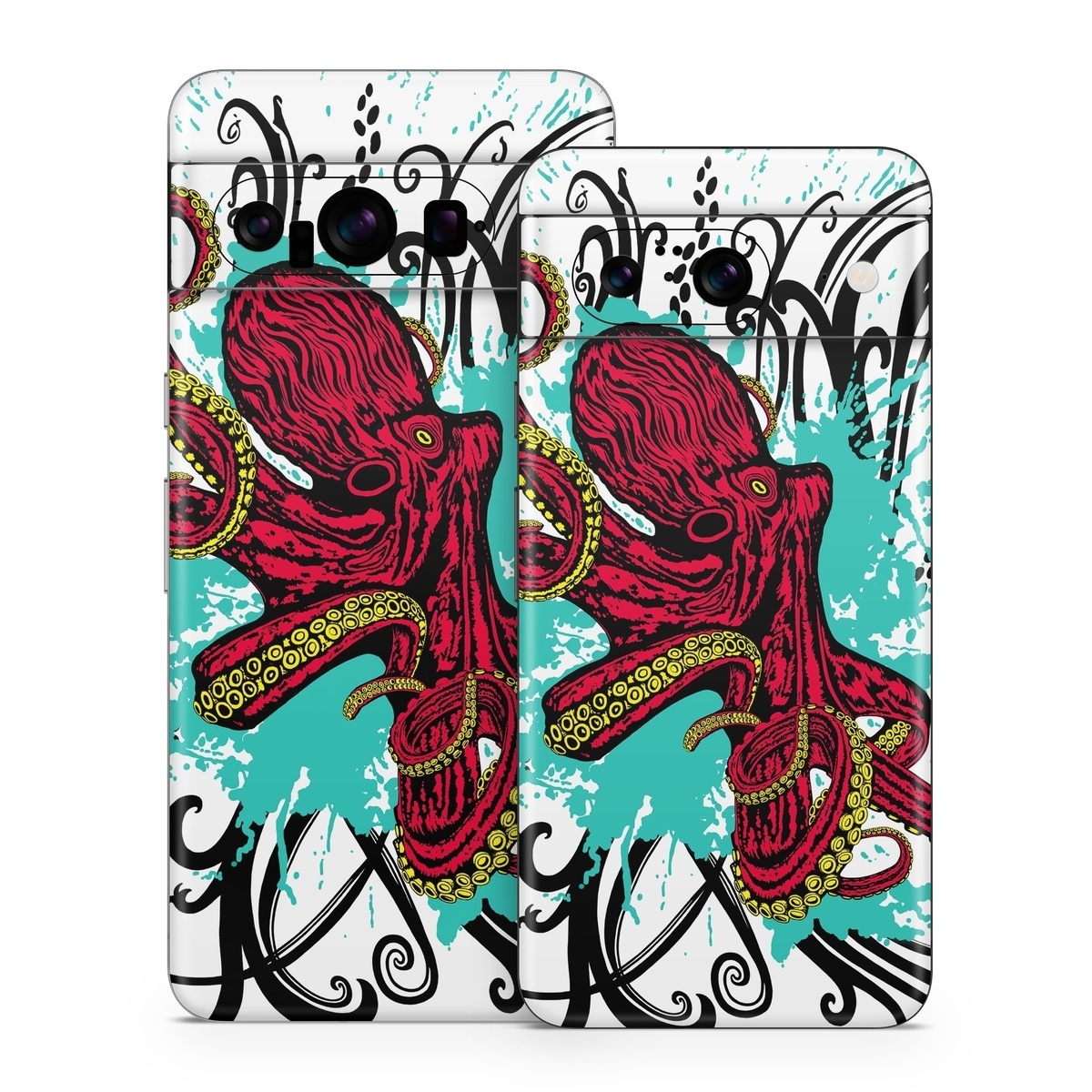 Google Pixel 8 Series Skin design of Graphic design, Illustration, Visual arts, Octopus, Design, Art, Fictional character, Pattern, Clip art, Line art, with black, white, gray, red, blue, green colors