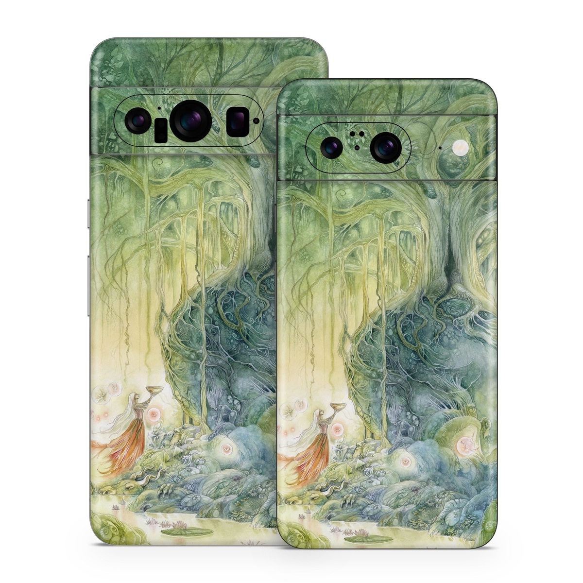 Google Pixel 8 Series Skin design of Green, Watercolor paint, Painting, Water, Art, Illustration, Grass, Tree, Plant, Fictional character, with blue, green, red, yellow colors